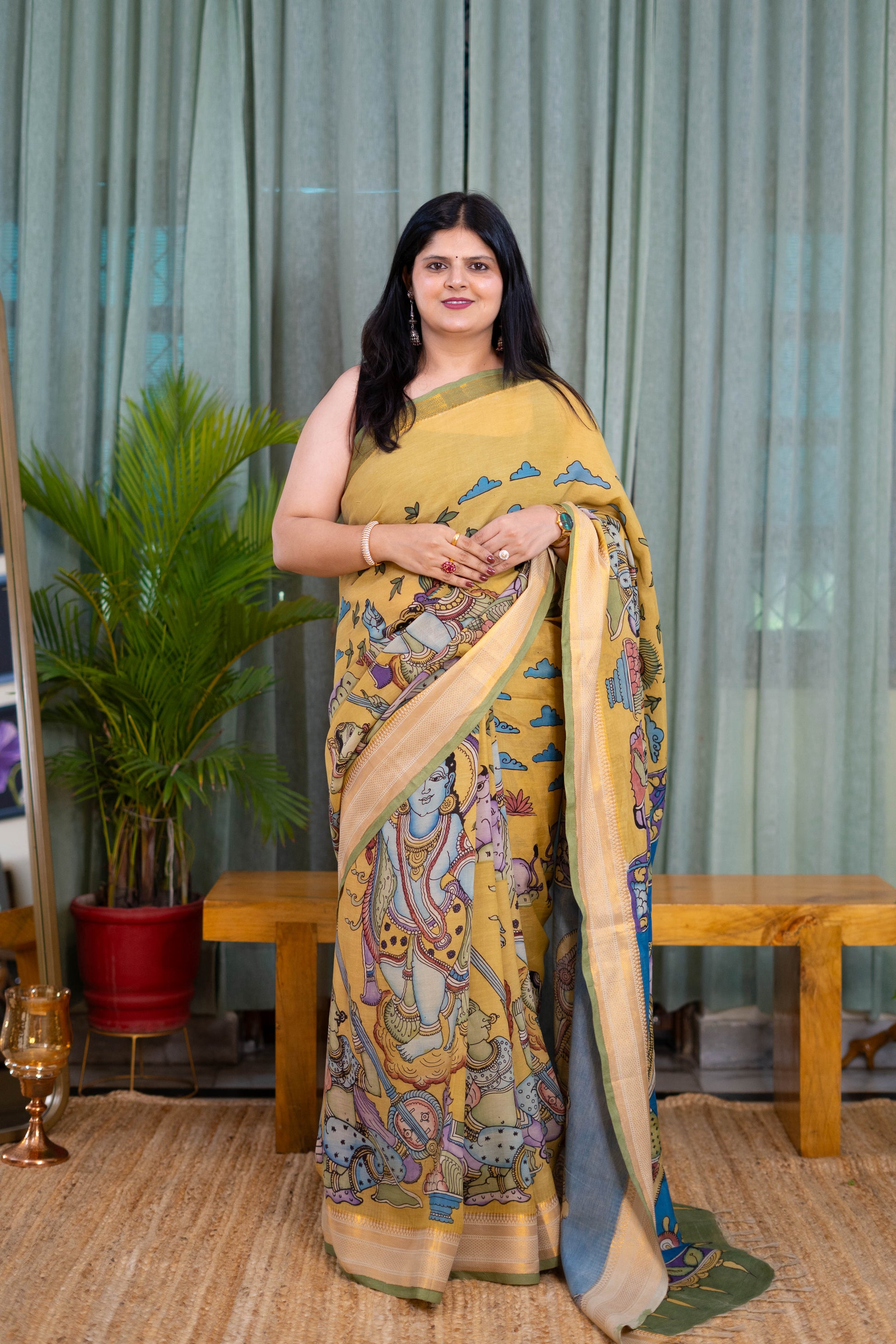 Hand-Painted Kalamkari Saree in Mustard Yellow