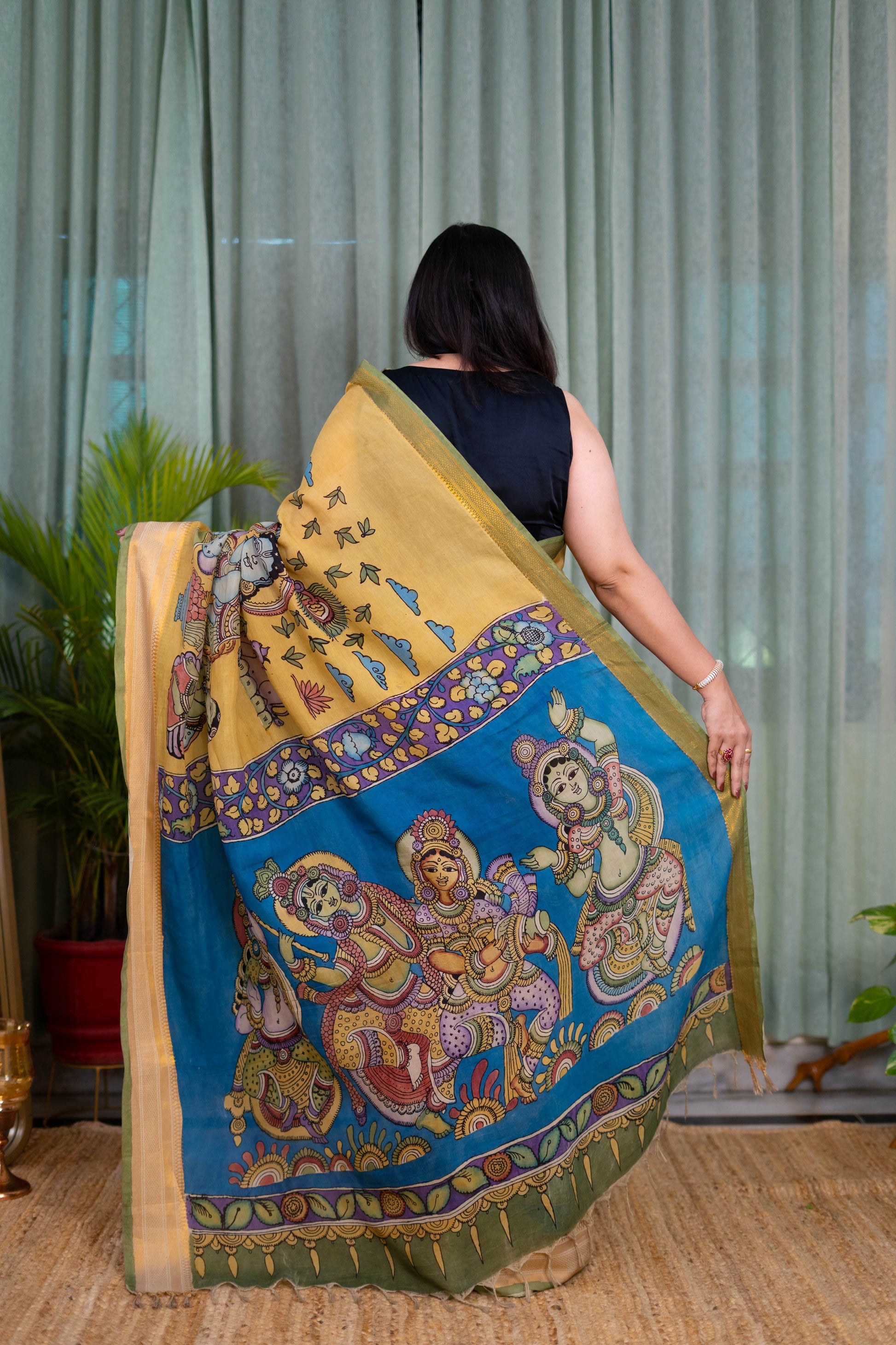 Hand-Painted Kalamkari Saree in Mustard Yellow