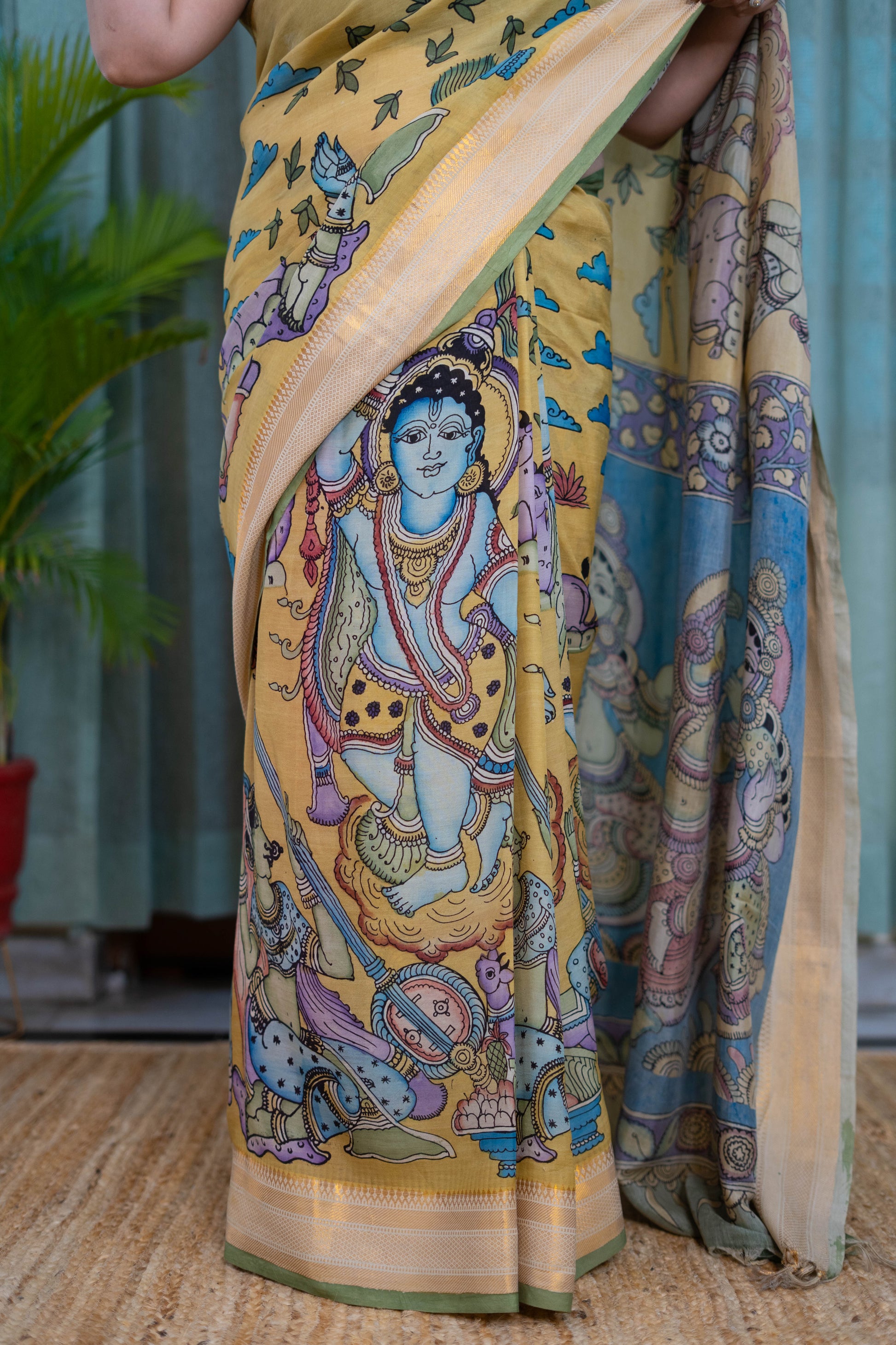 Hand-Painted Kalamkari Saree in Mustard Yellow