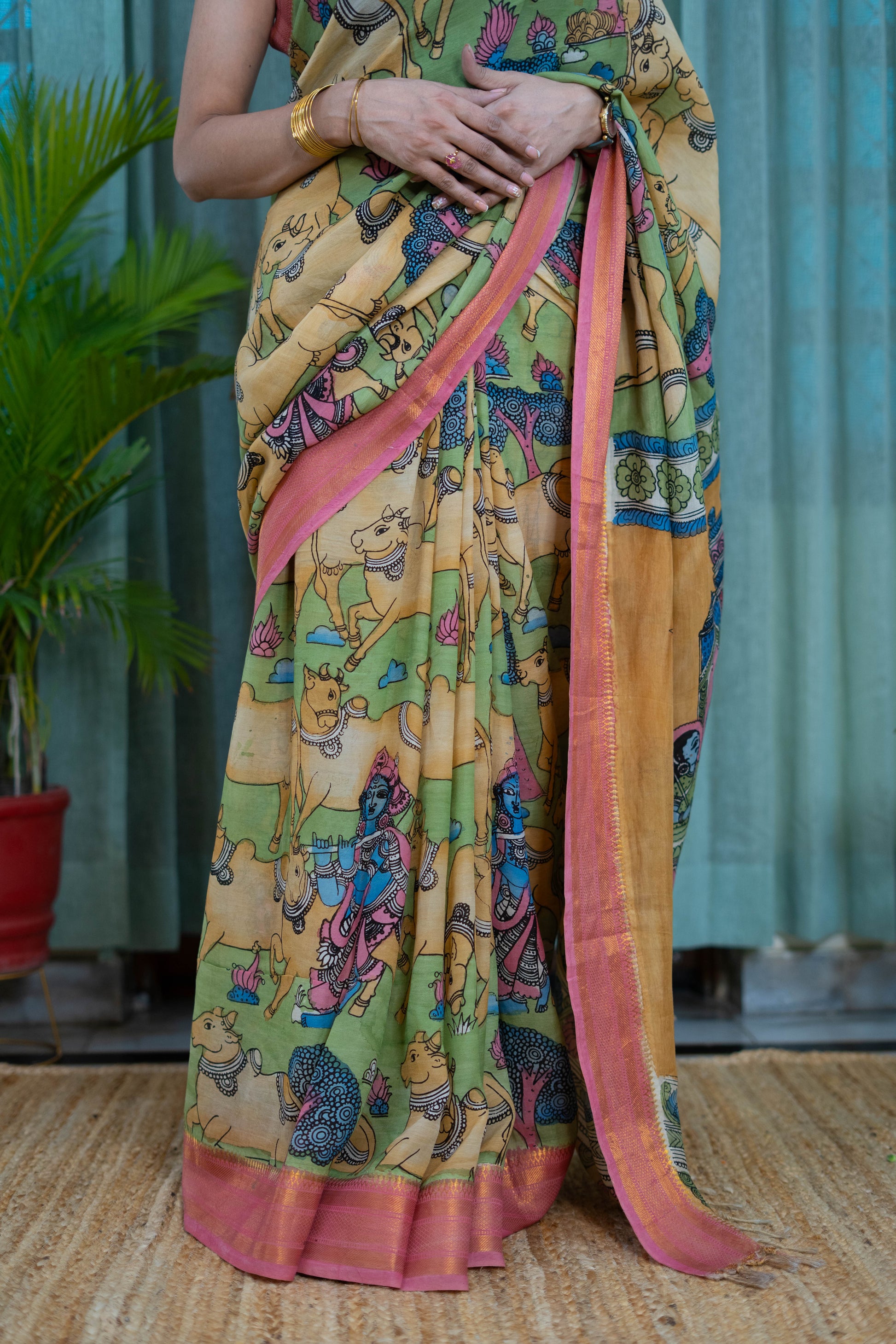 Hand-Painted Kalamkari Saree with Pastel Green & Pink Accents
