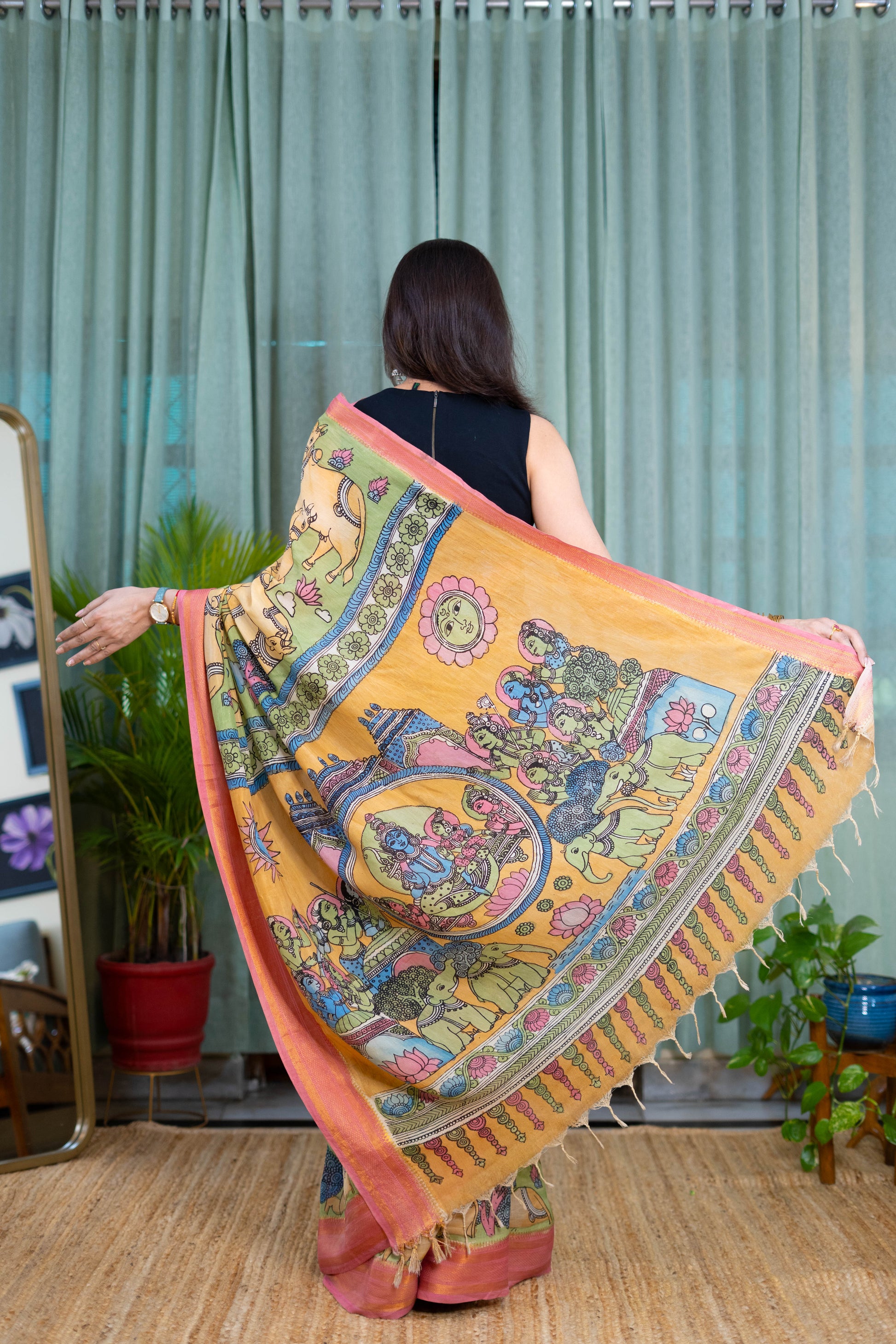 Hand-Painted Kalamkari Saree with Pastel Green & Pink Accents