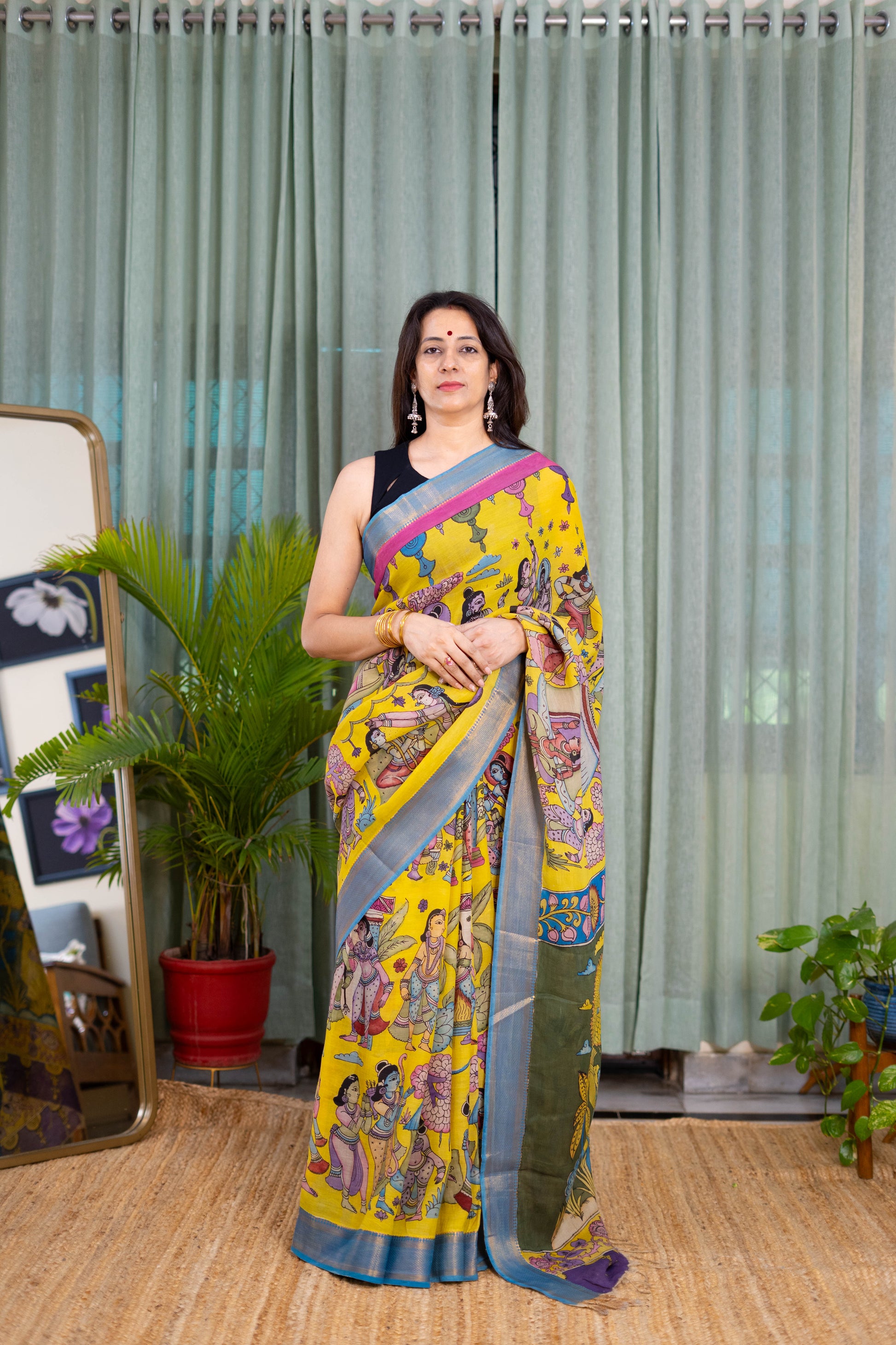 Vibrant Yellow Kalamkari Silk Saree – Mythological Hand-Painted Design