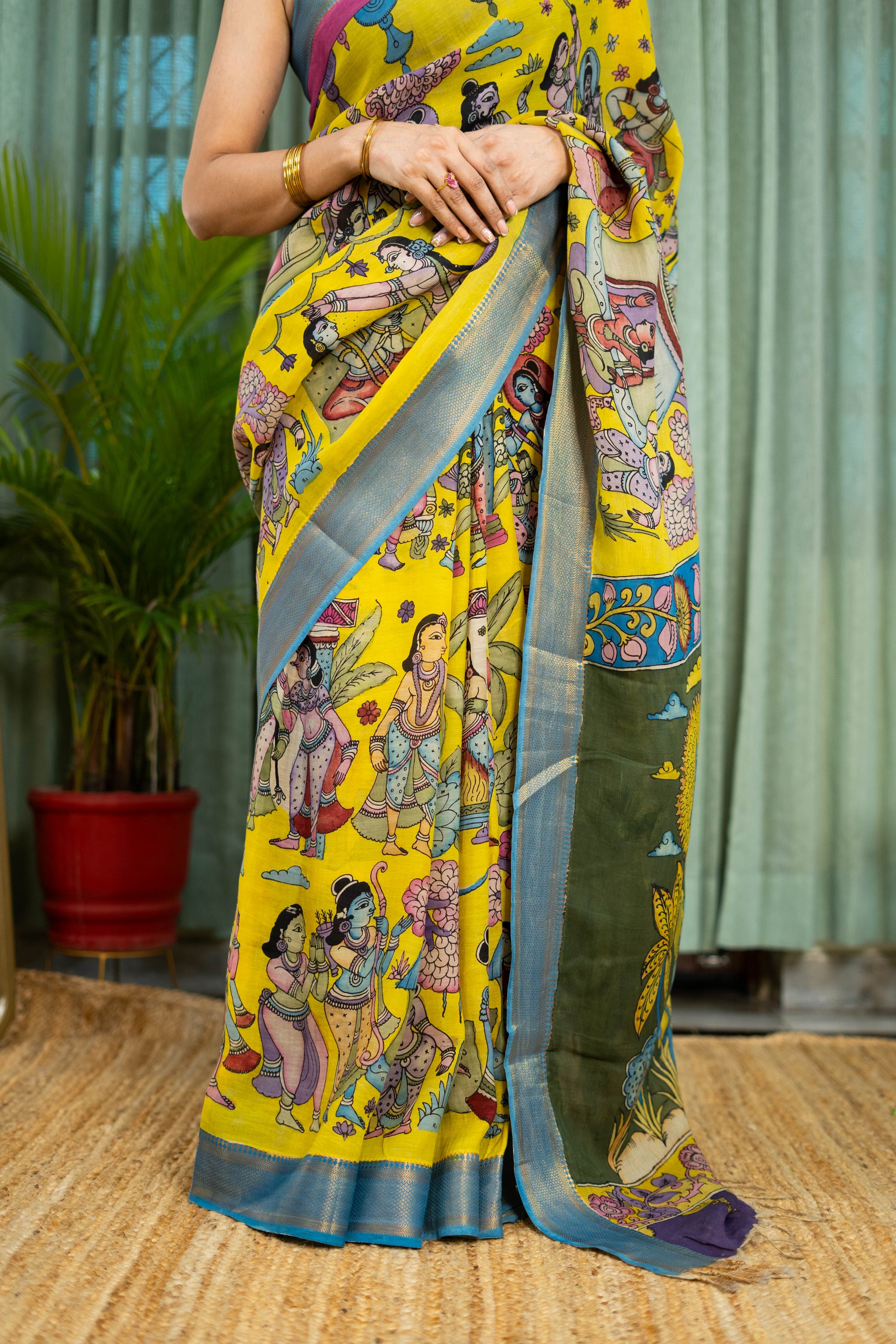 Vibrant Yellow Kalamkari Silk Saree – Mythological Hand-Painted Design
