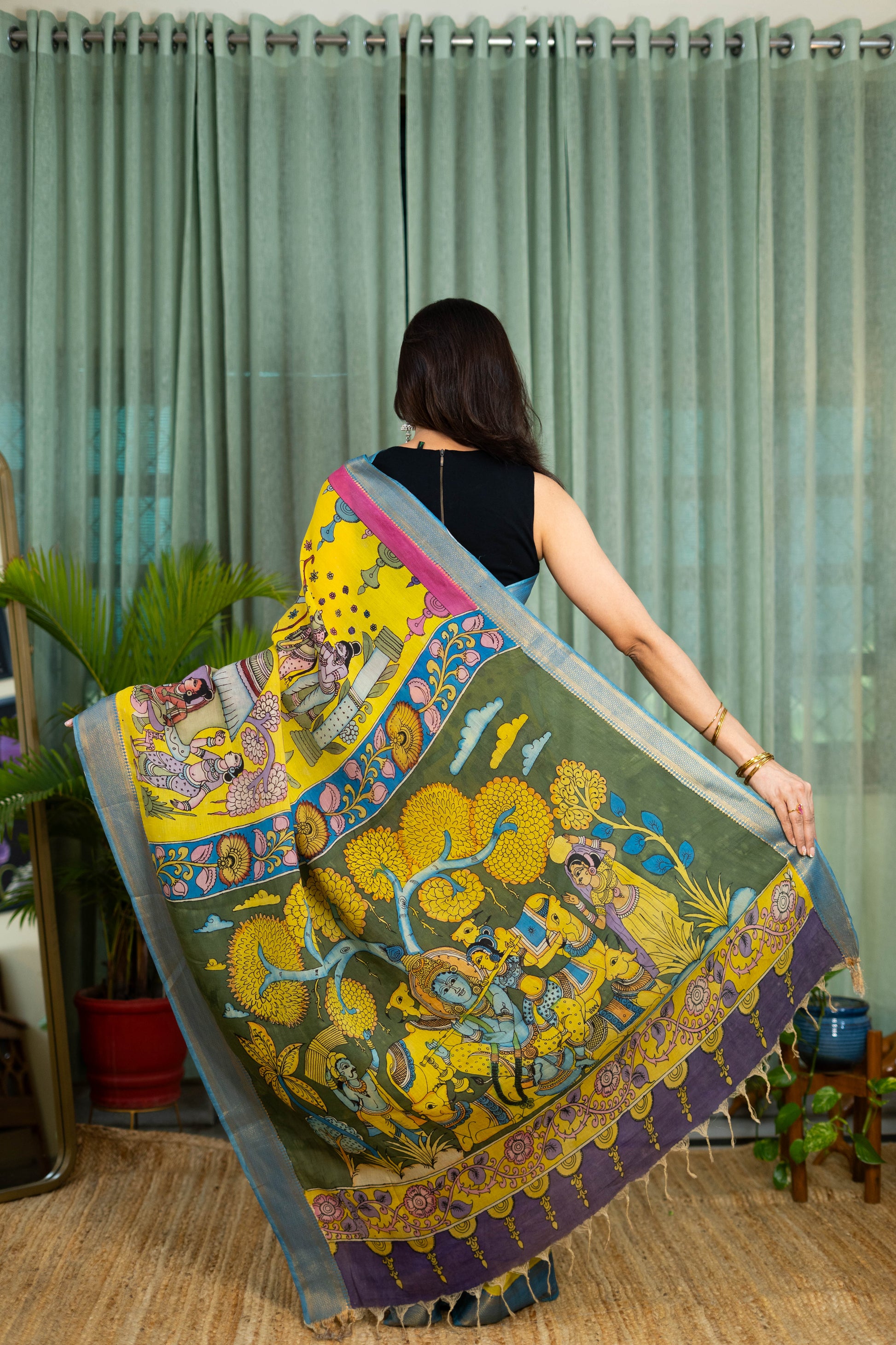 Vibrant Yellow Kalamkari Silk Saree – Mythological Hand-Painted Design