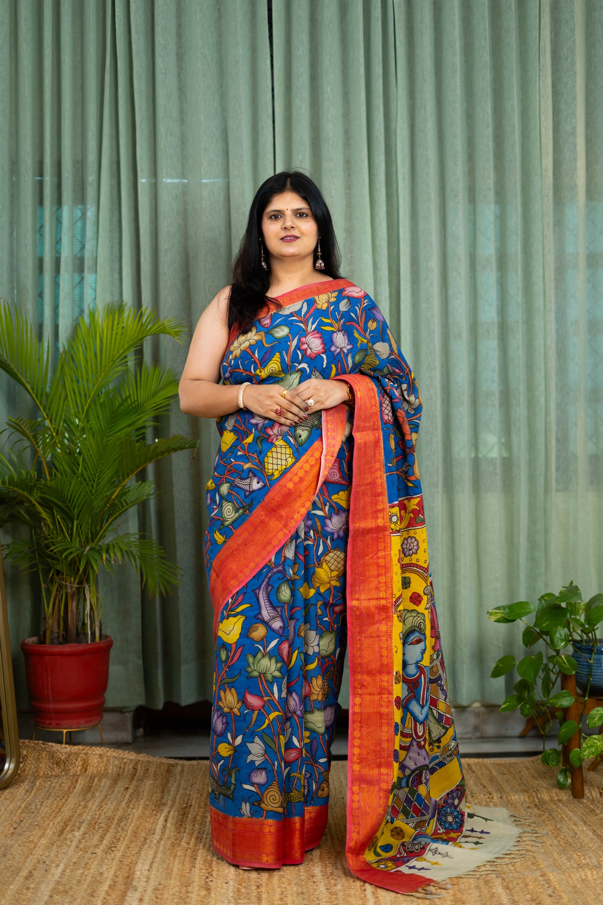 Royal Blue Kalamkari Saree with Vibrant Red Border