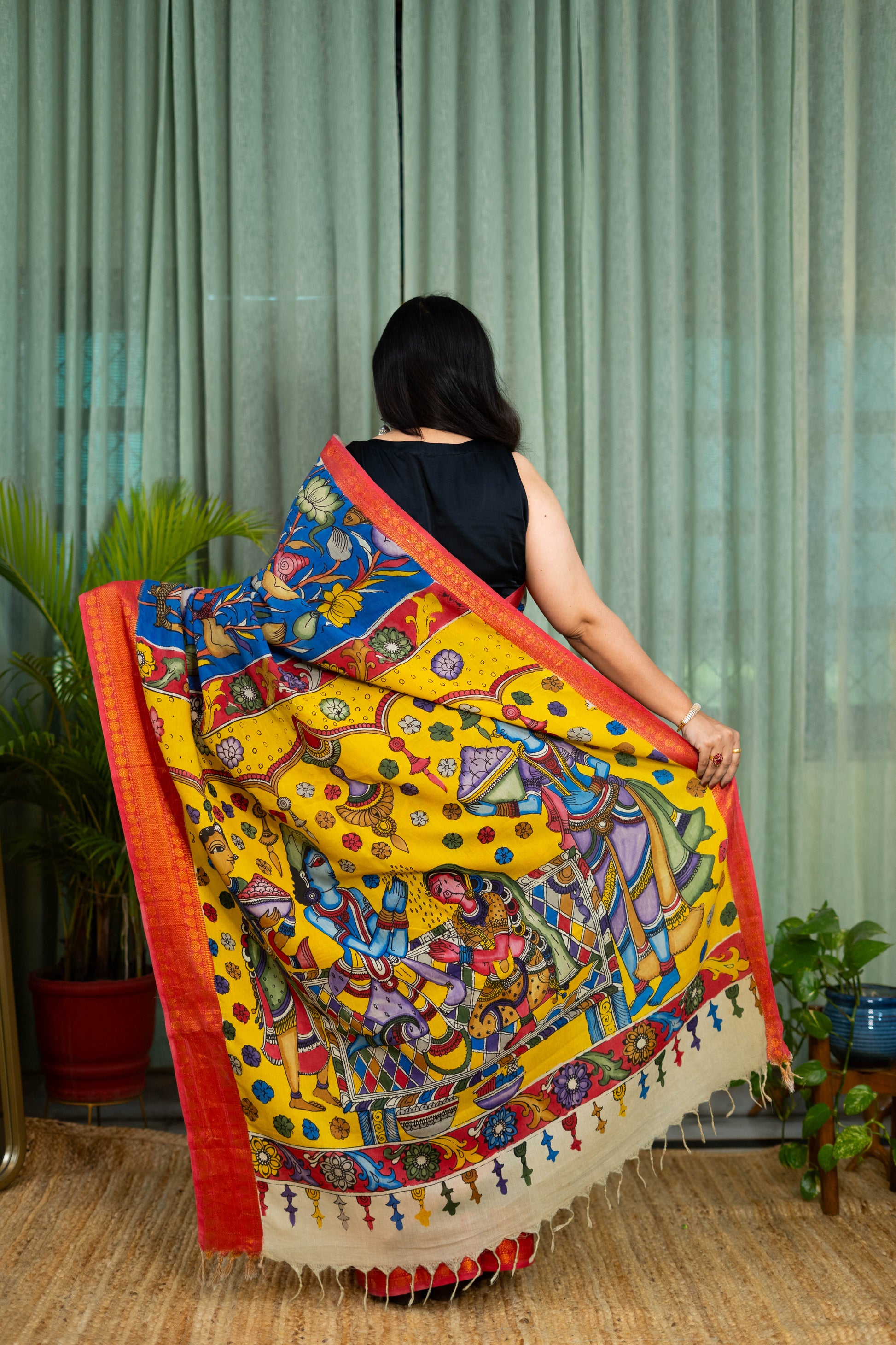 Royal Blue Kalamkari Saree with Vibrant Red Border