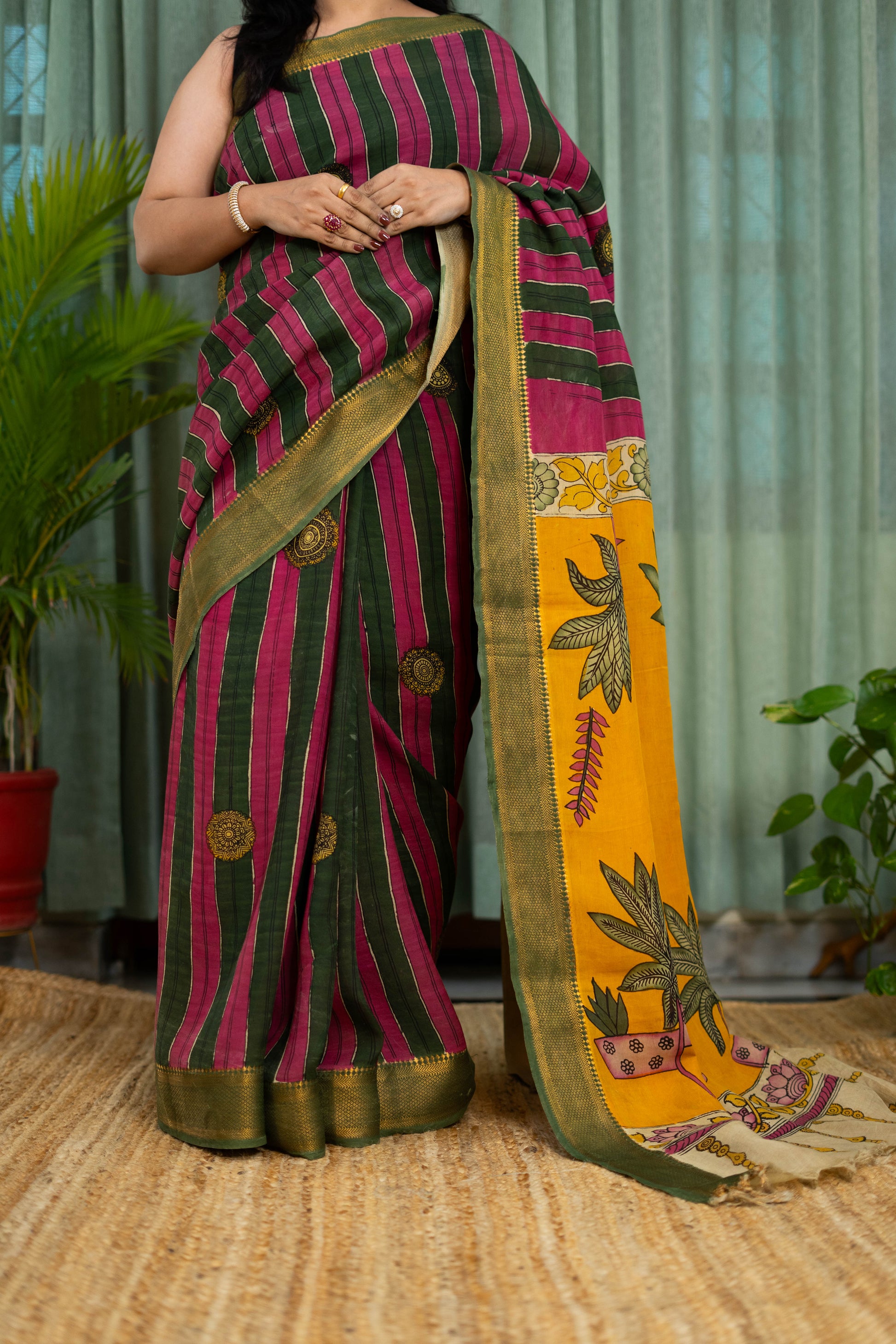 Striped Kalamkari Saree in Maroon & Olive Green