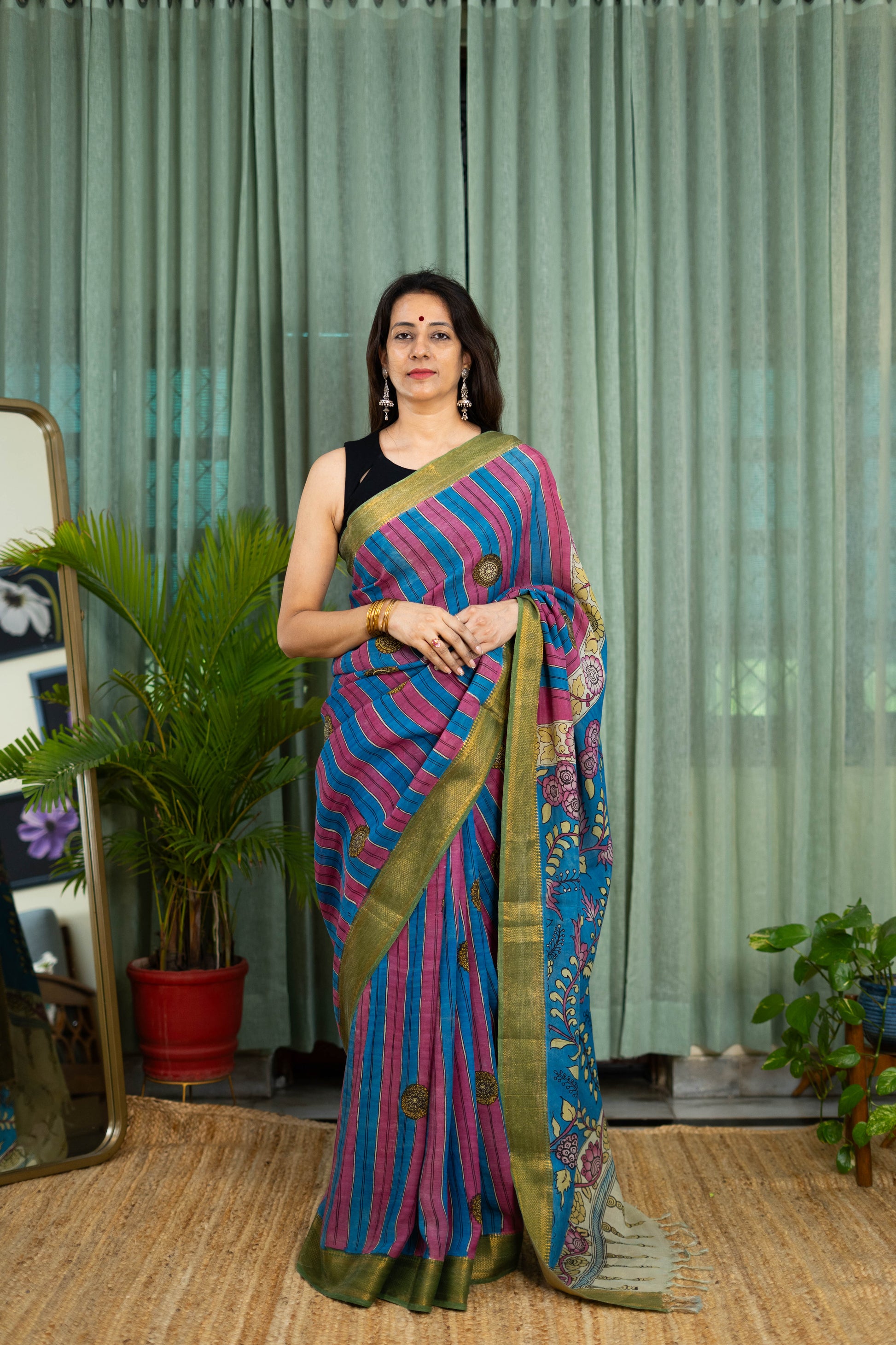 Striped Blue & Pink Kalamkari Silk Saree – Floral Pallu Design