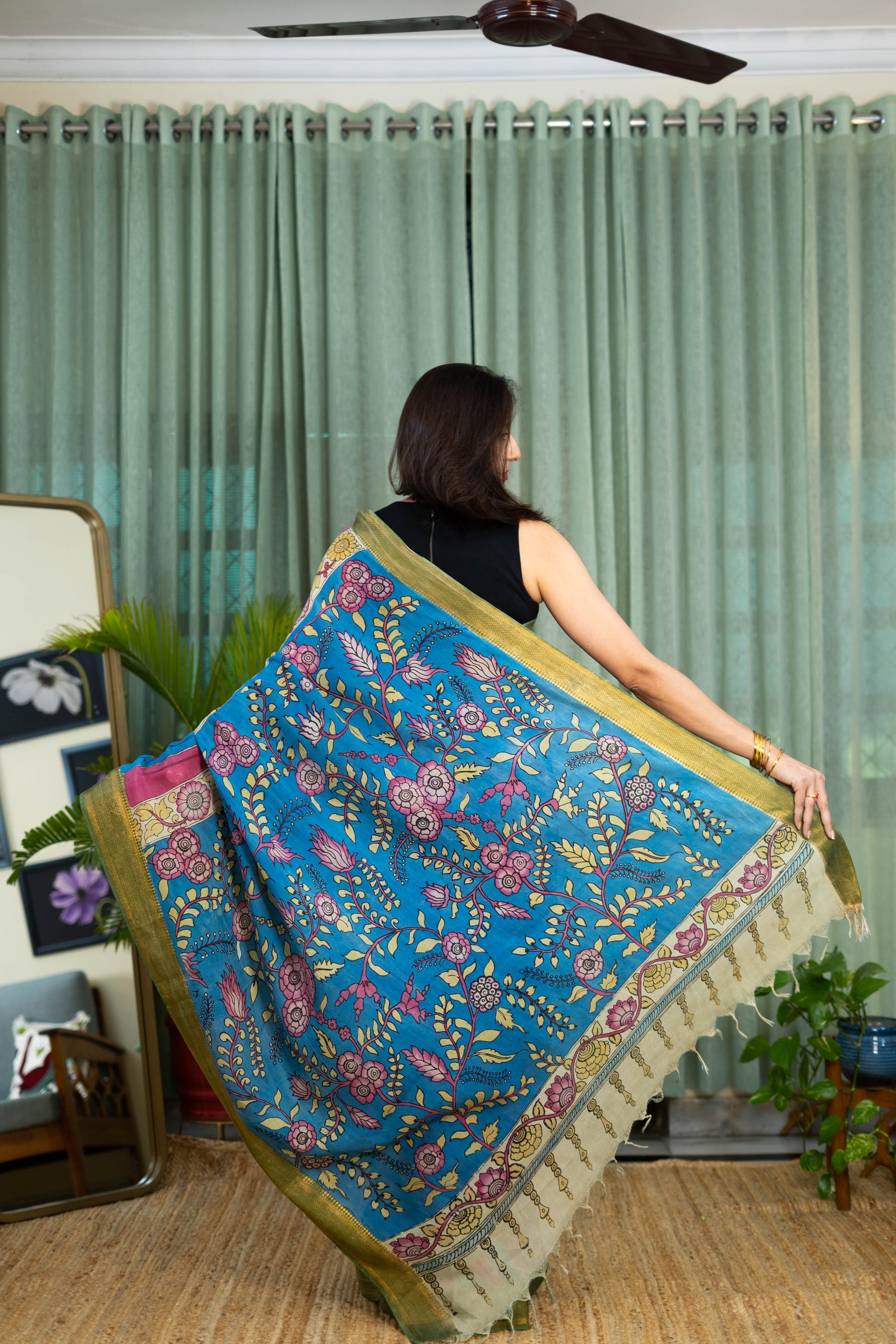 Striped Blue & Pink Kalamkari Silk Saree – Floral Pallu Design