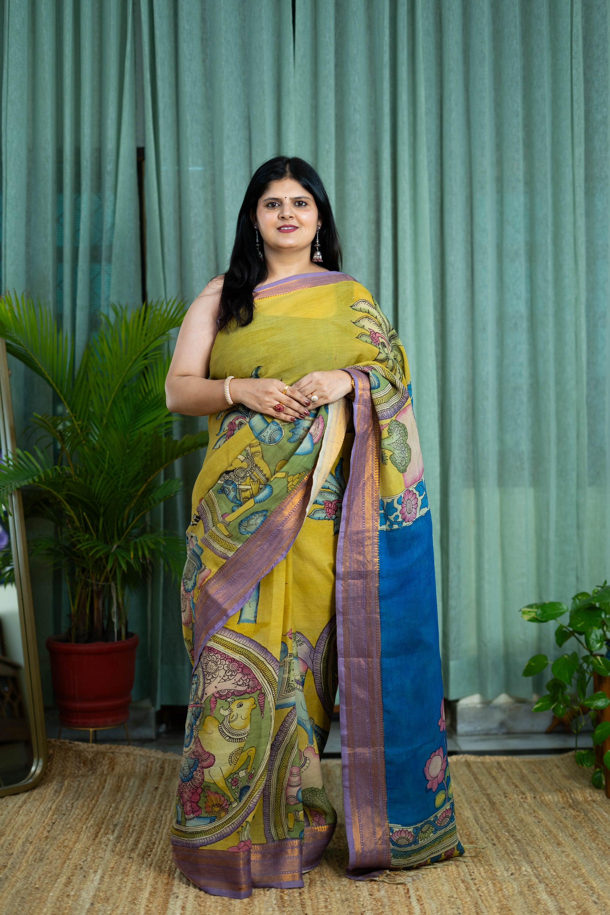 Mustard & Blue Kalamkari Magalgiri Saree – Royal Procession Artwork