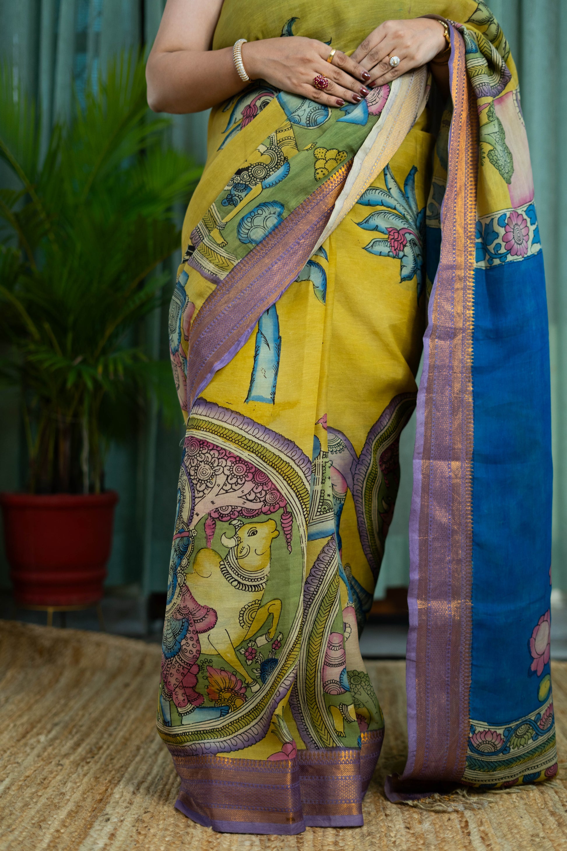Mustard & Blue Kalamkari Magalgiri Saree – Royal Procession Artwork