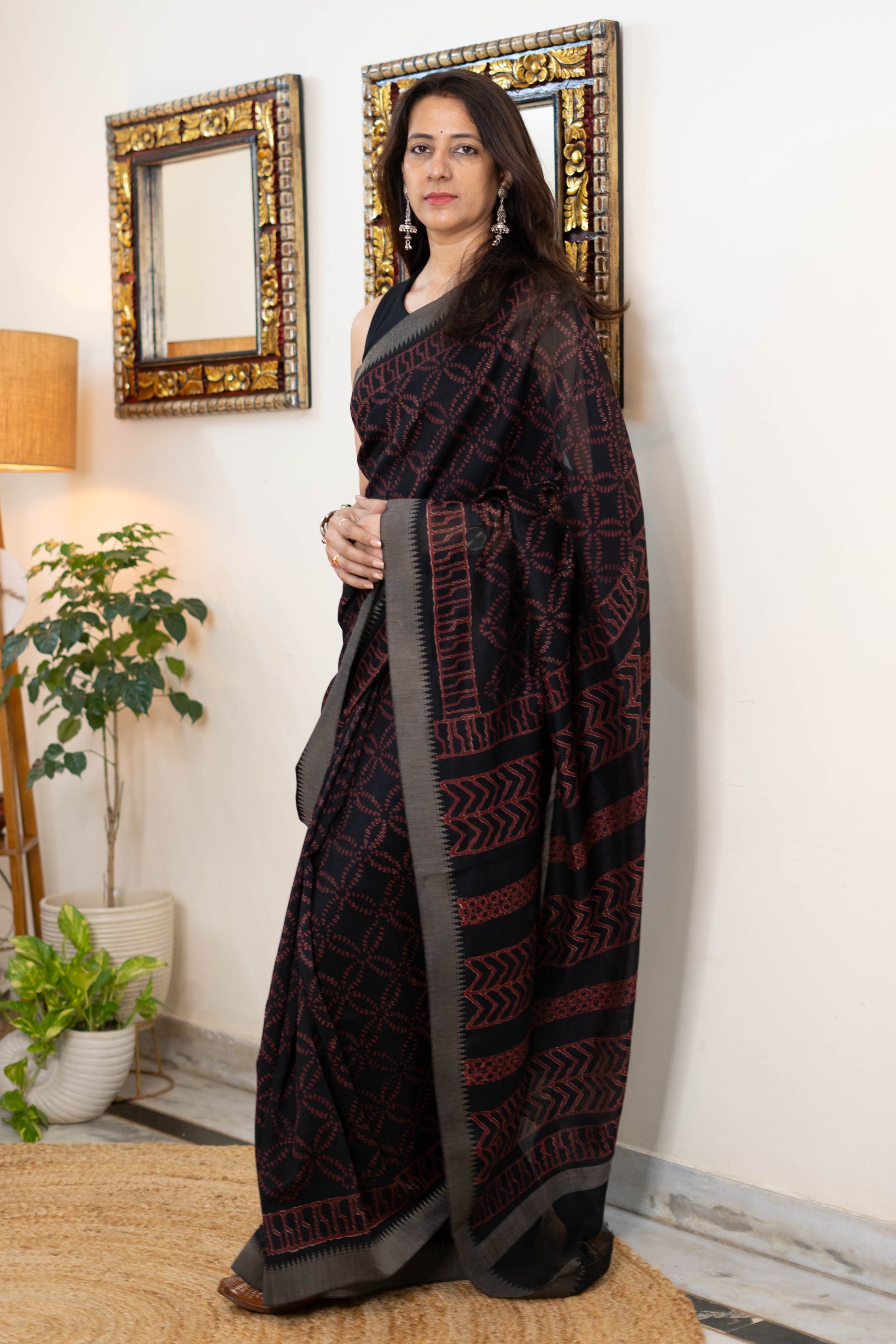Handwoven Chanderi Silk Saree with Geometric Patterns