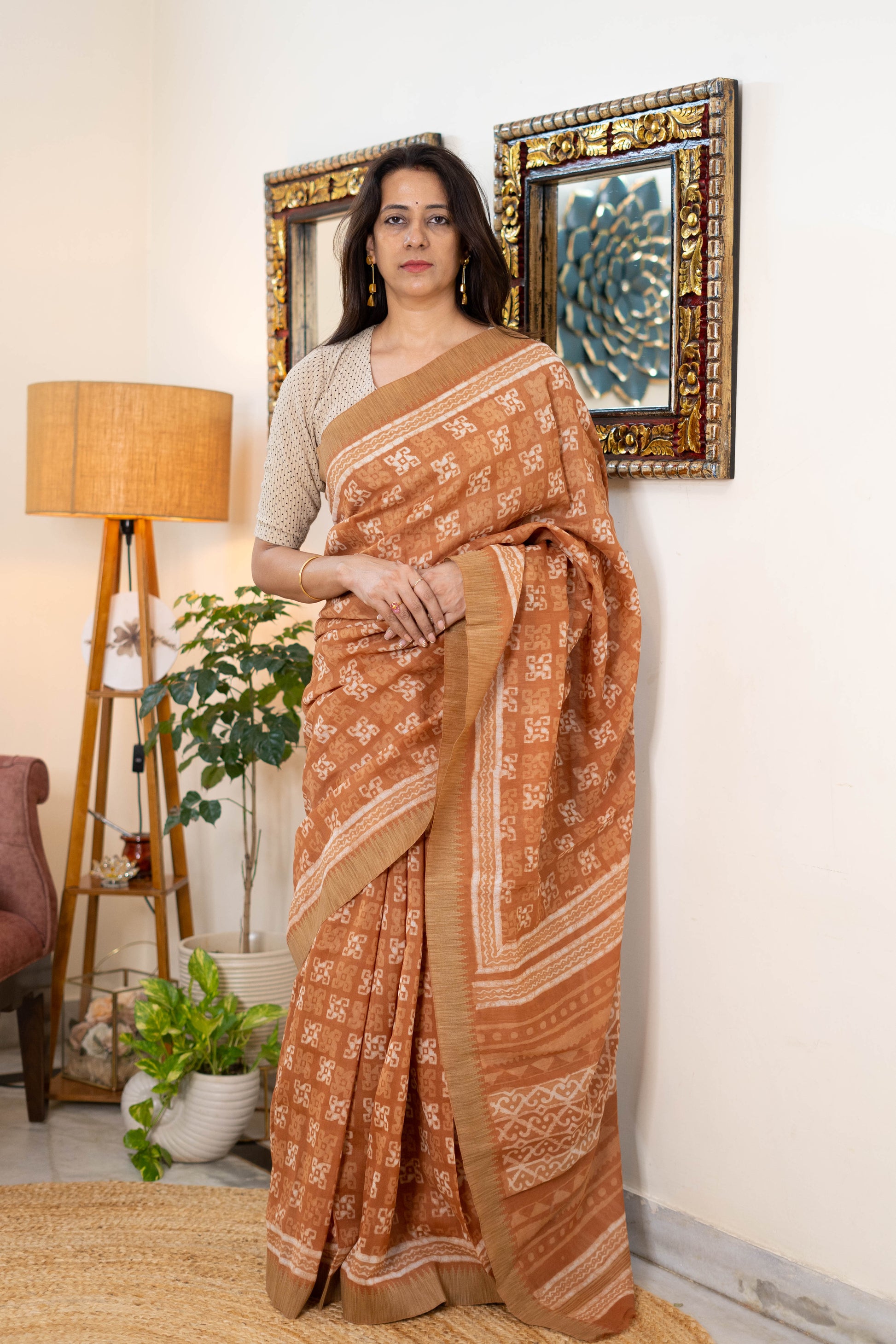 Handwoven Chanderi Silk Saree in Warm Beige with Geometric Patterns