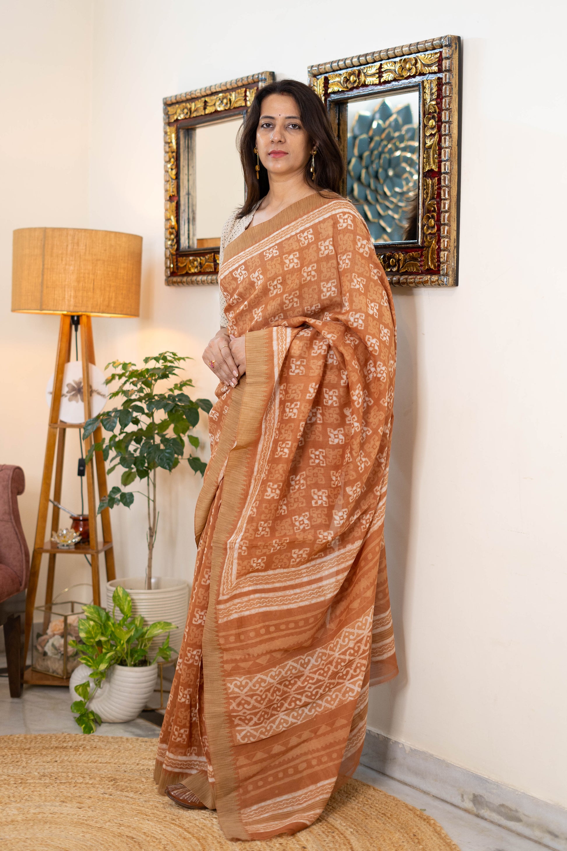 Handwoven Chanderi Silk Saree in Warm Beige with Geometric Patterns