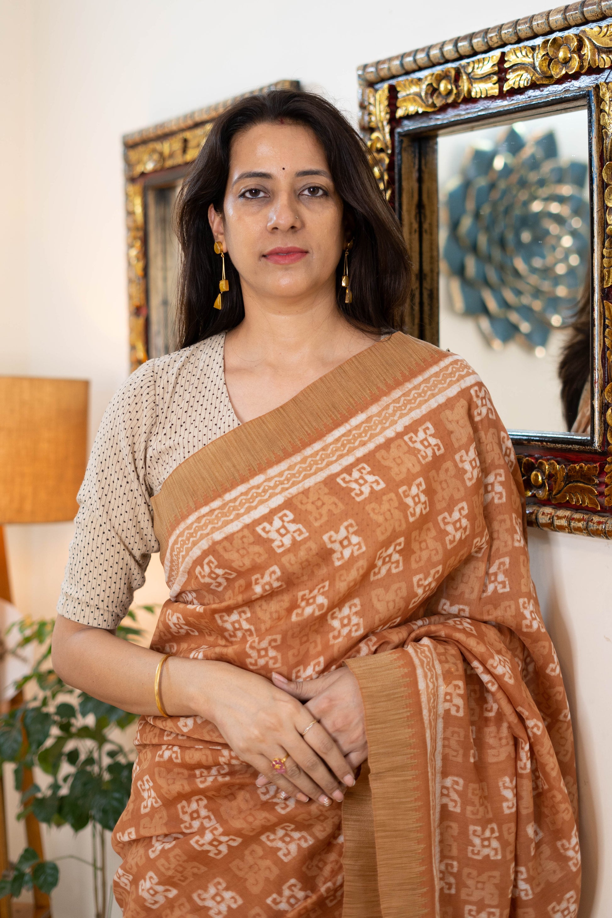 Handwoven Chanderi Silk Saree in Warm Beige with Geometric Patterns