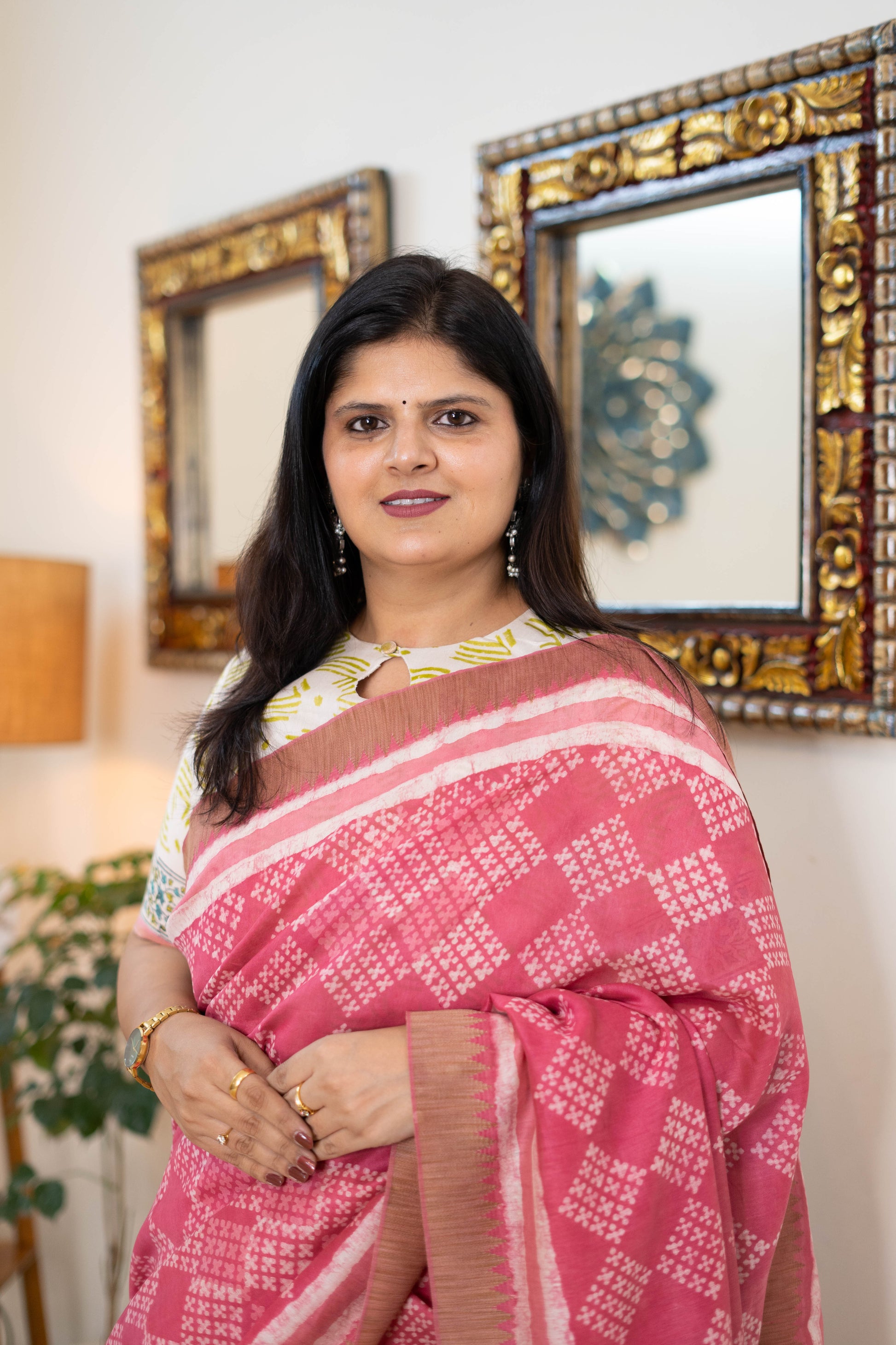 Handwoven Chanderi Silk Saree in Soft Pink with Geometric Prints