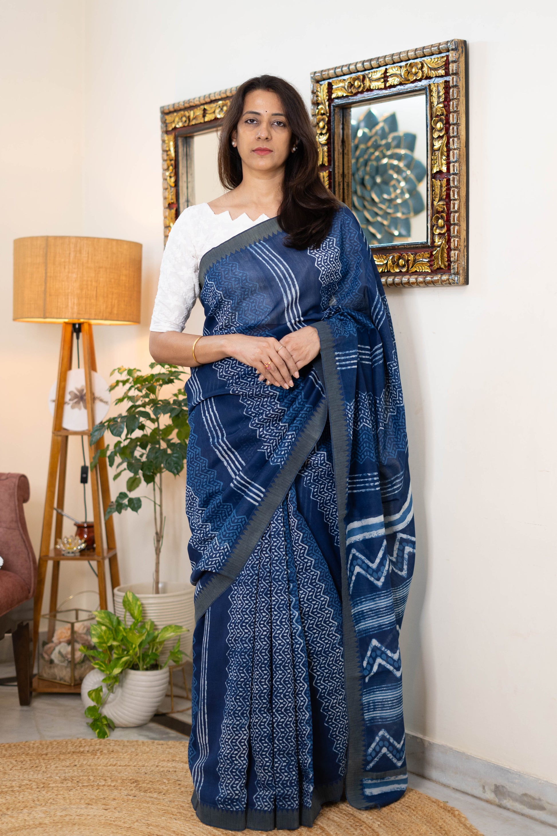 Elegant Chanderi Silk Saree in Indigo with Abstract Patterns