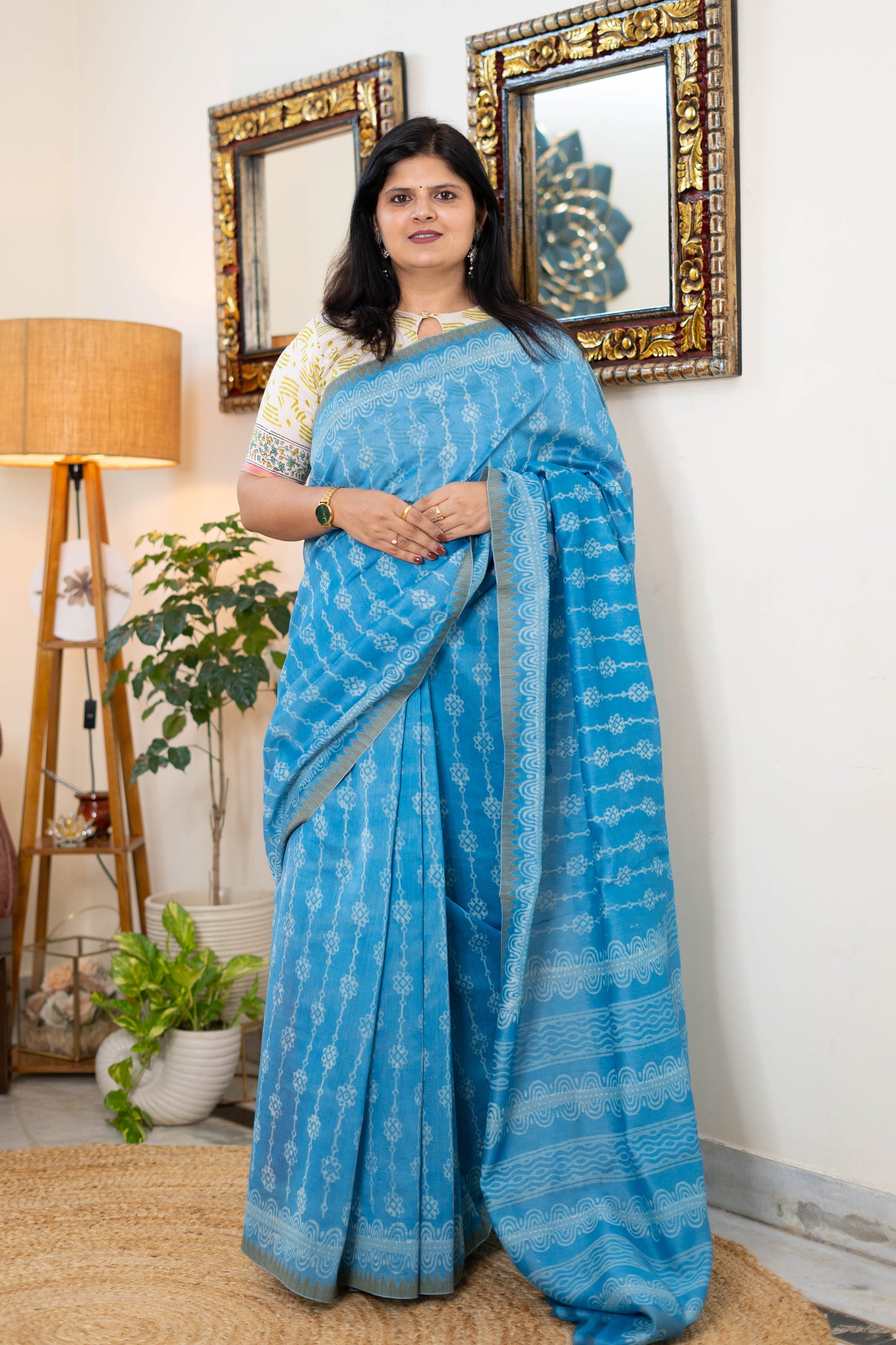 Elegant Chanderi Silk Saree in Light Blue with Abstract Patterns
