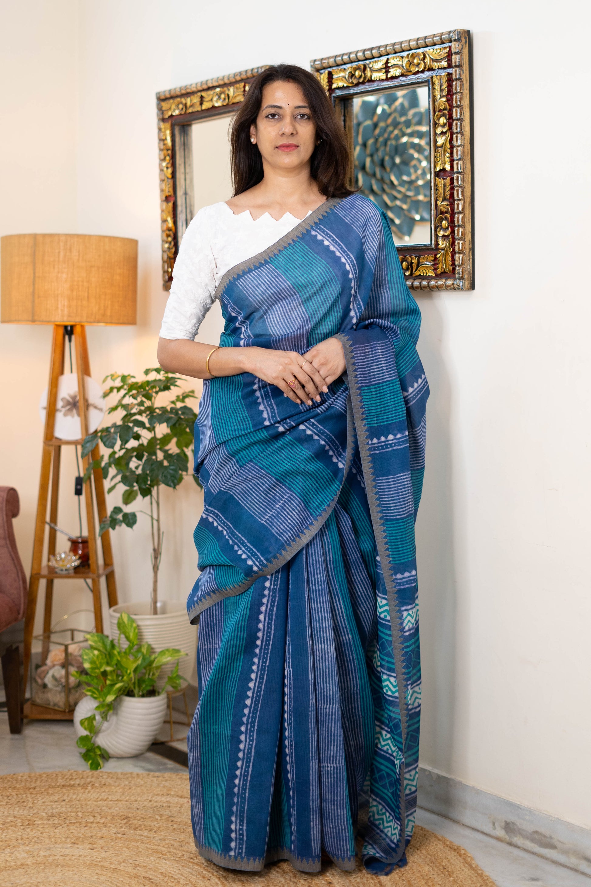 Elegant Chanderi Silk Saree in Indigo with Geometric Prints