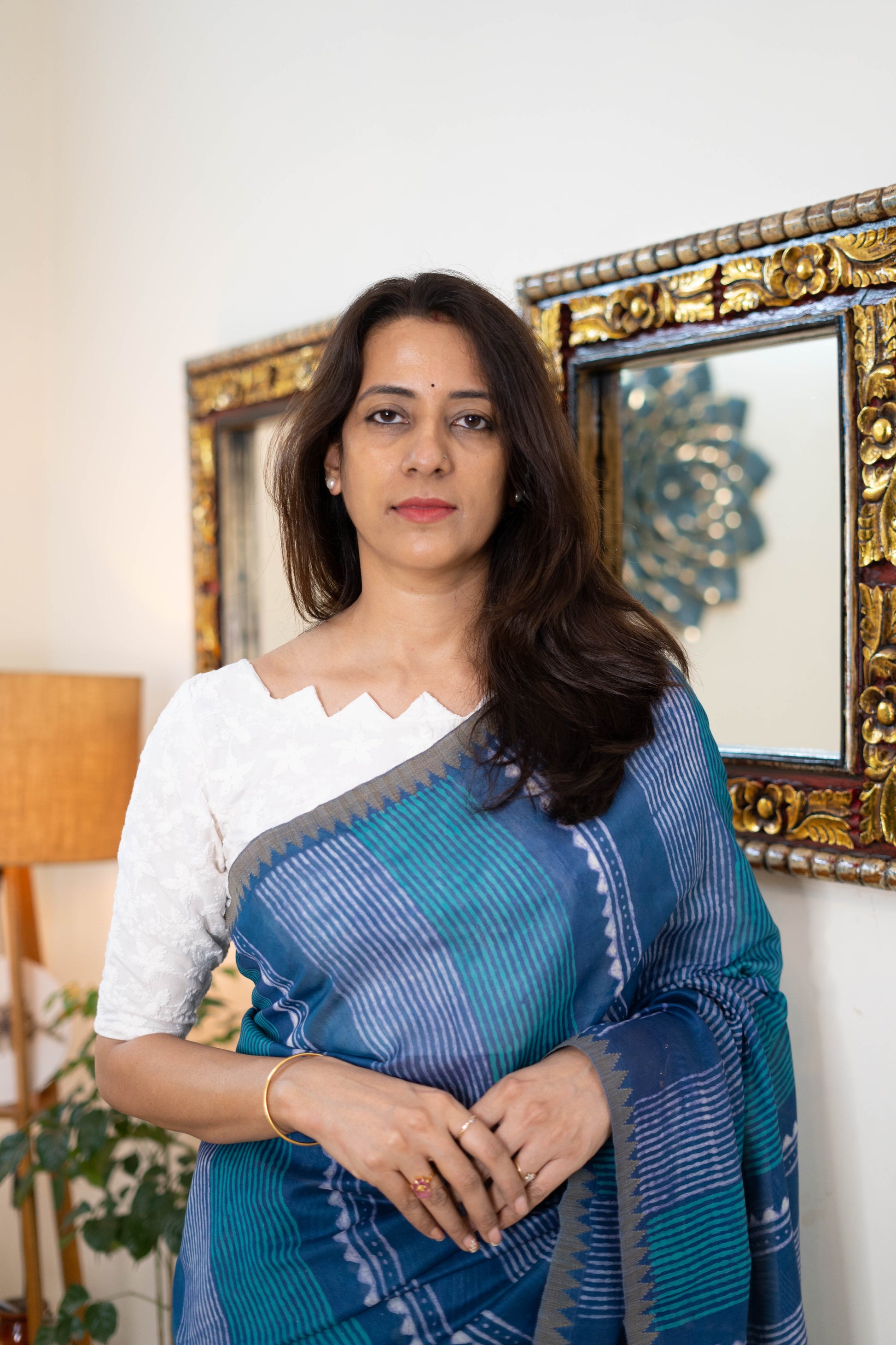 Elegant Chanderi Silk Saree in Indigo with Geometric Prints
