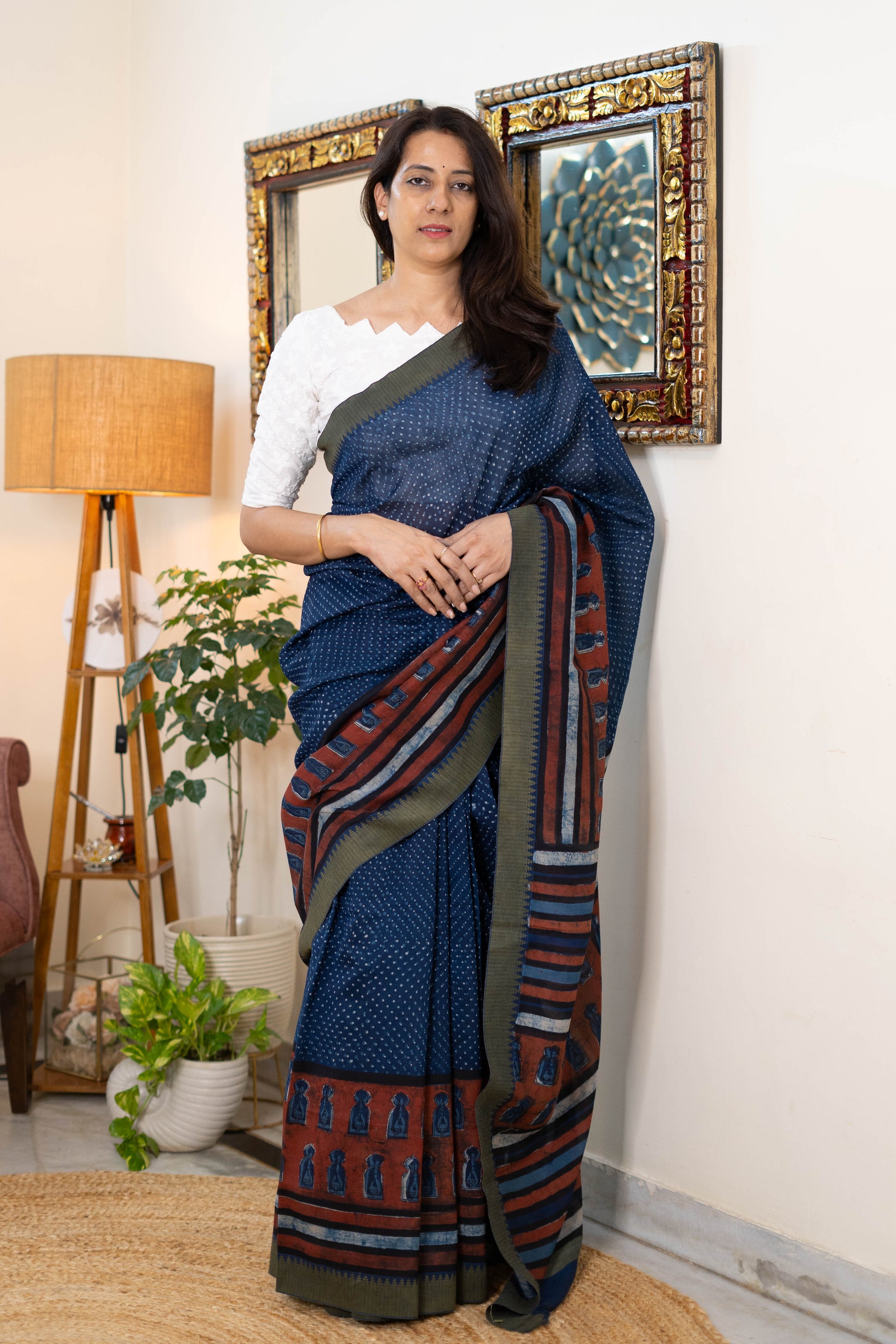 Elegant Chanderi Saree in Deep Indigo with Earthy Accents