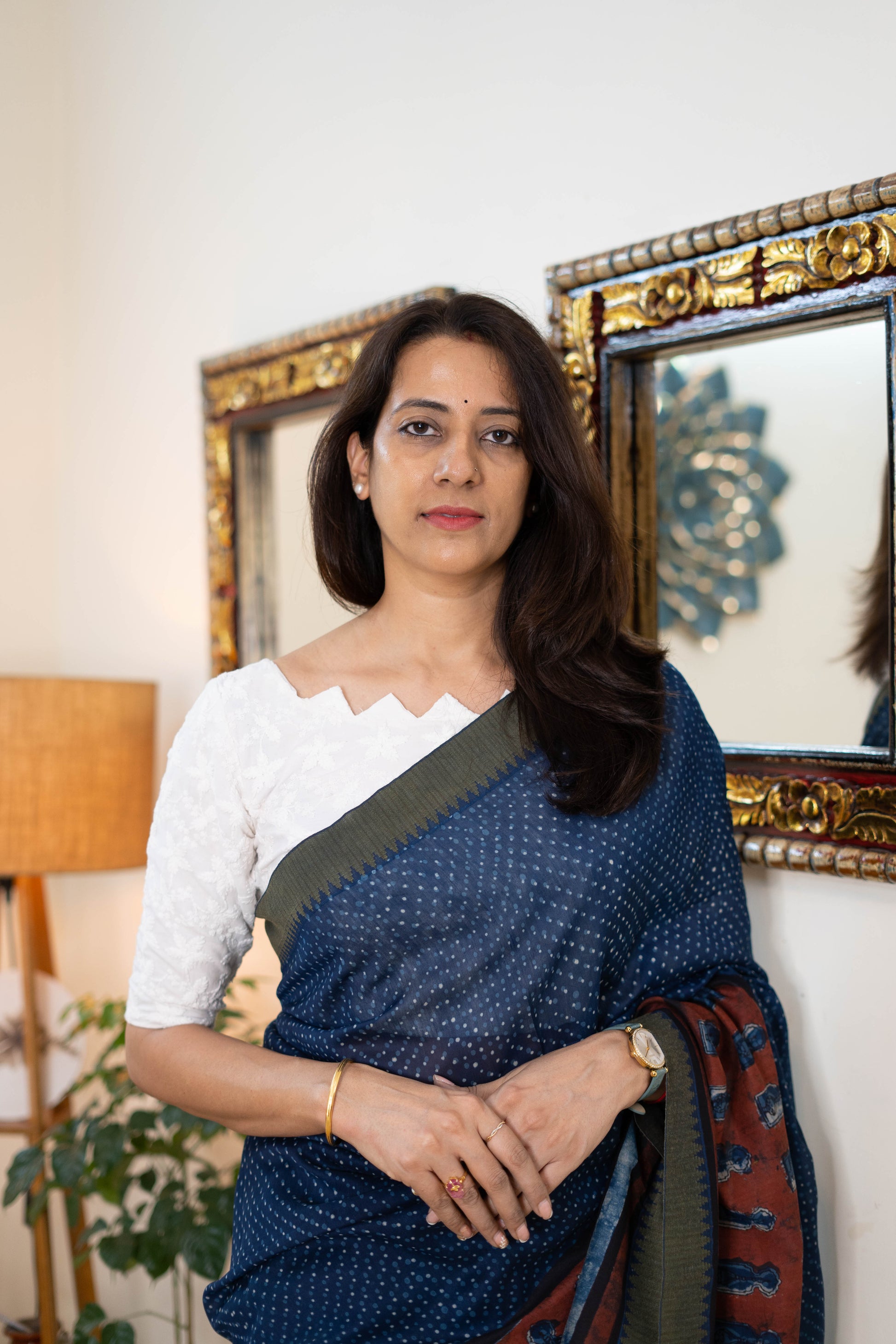 Elegant Chanderi Saree in Deep Indigo with Earthy Accents
