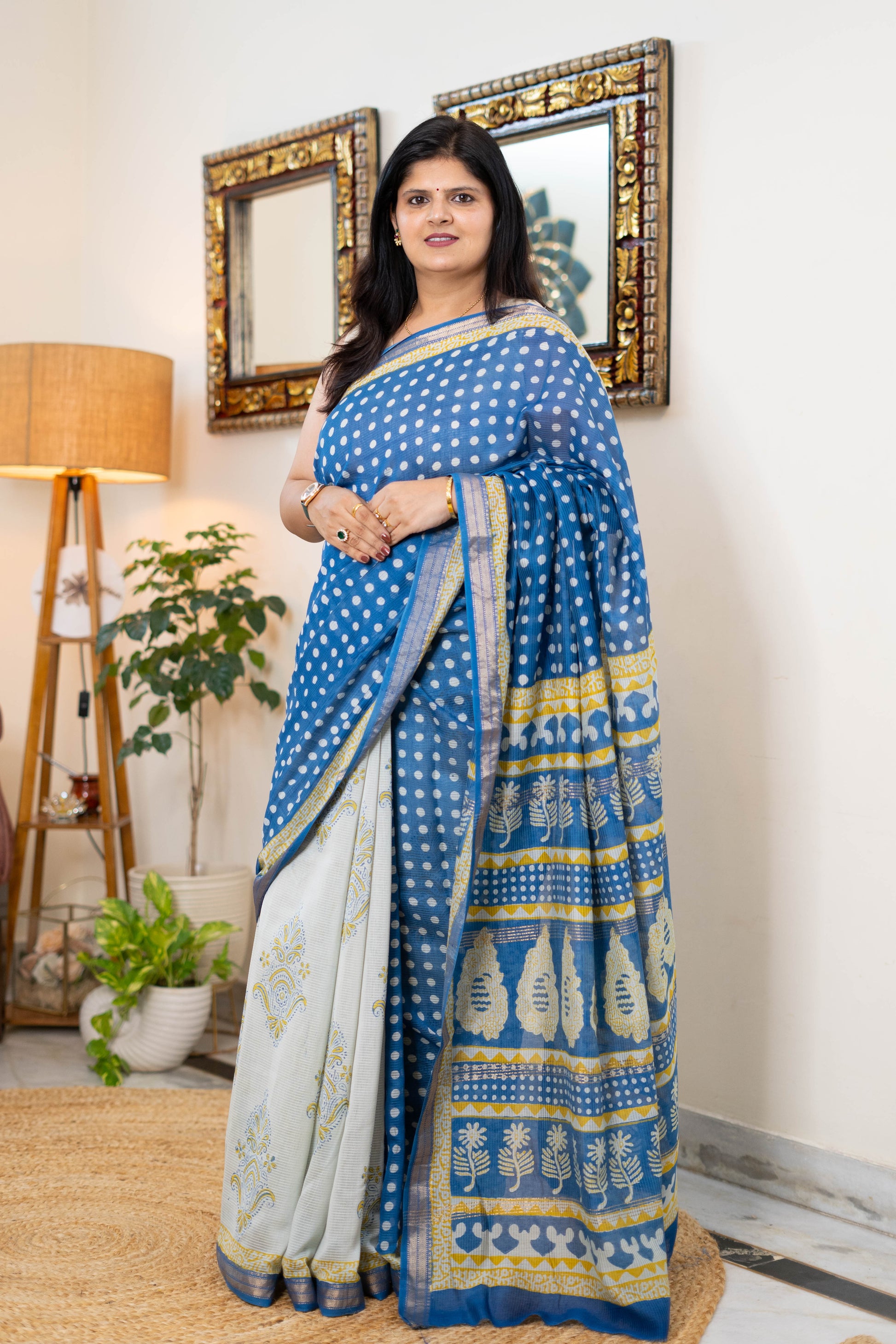 Handwoven Bagh Print Indigo Polka Dot Maheshwari Silk Saree with Yellow Border