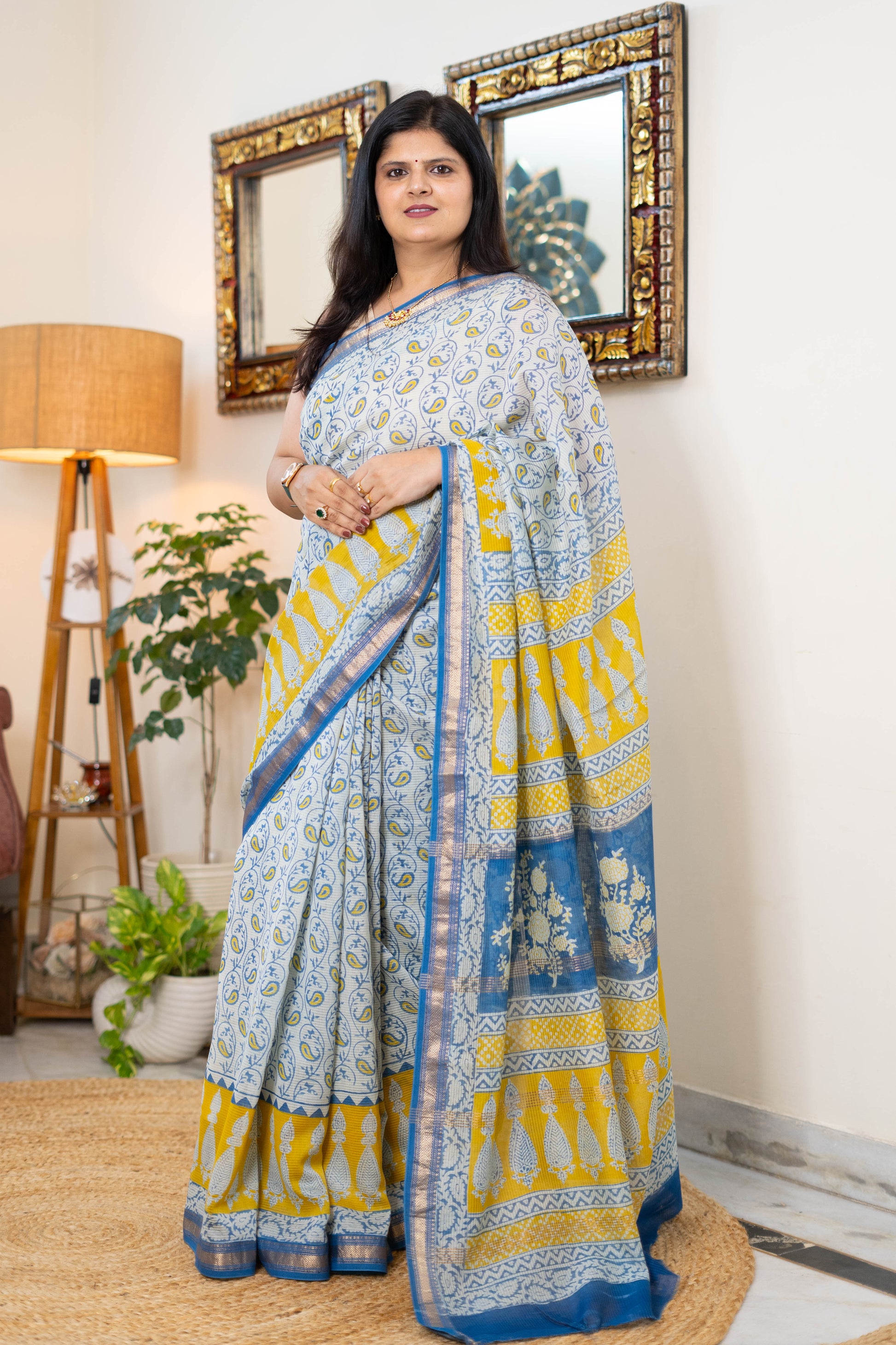 Graceful Bagh Print Maheshwari Silk Saree in Indigo and Mustard