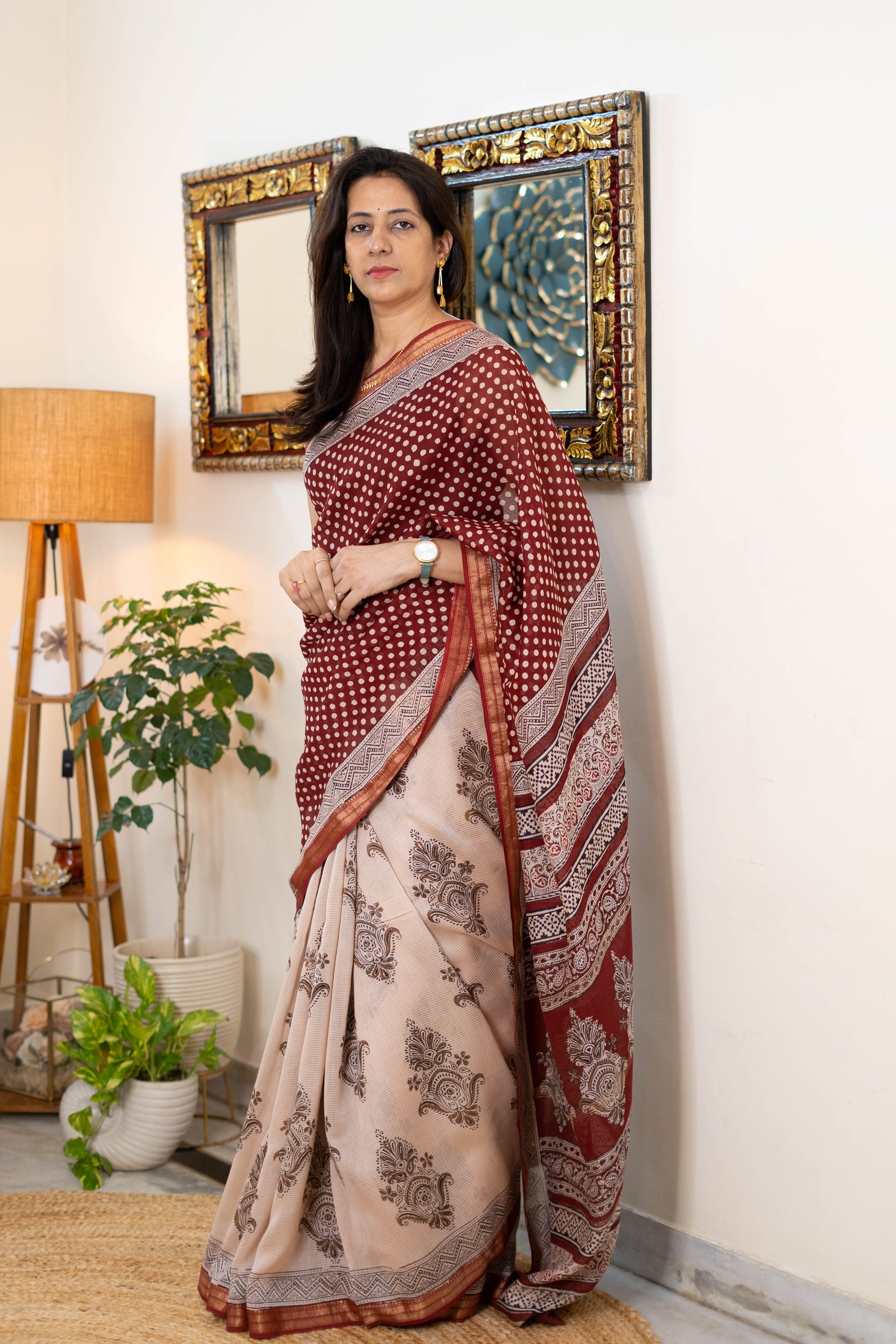 Red Bagh Print Maheshwari Silk Saree with Beige Floral Design
