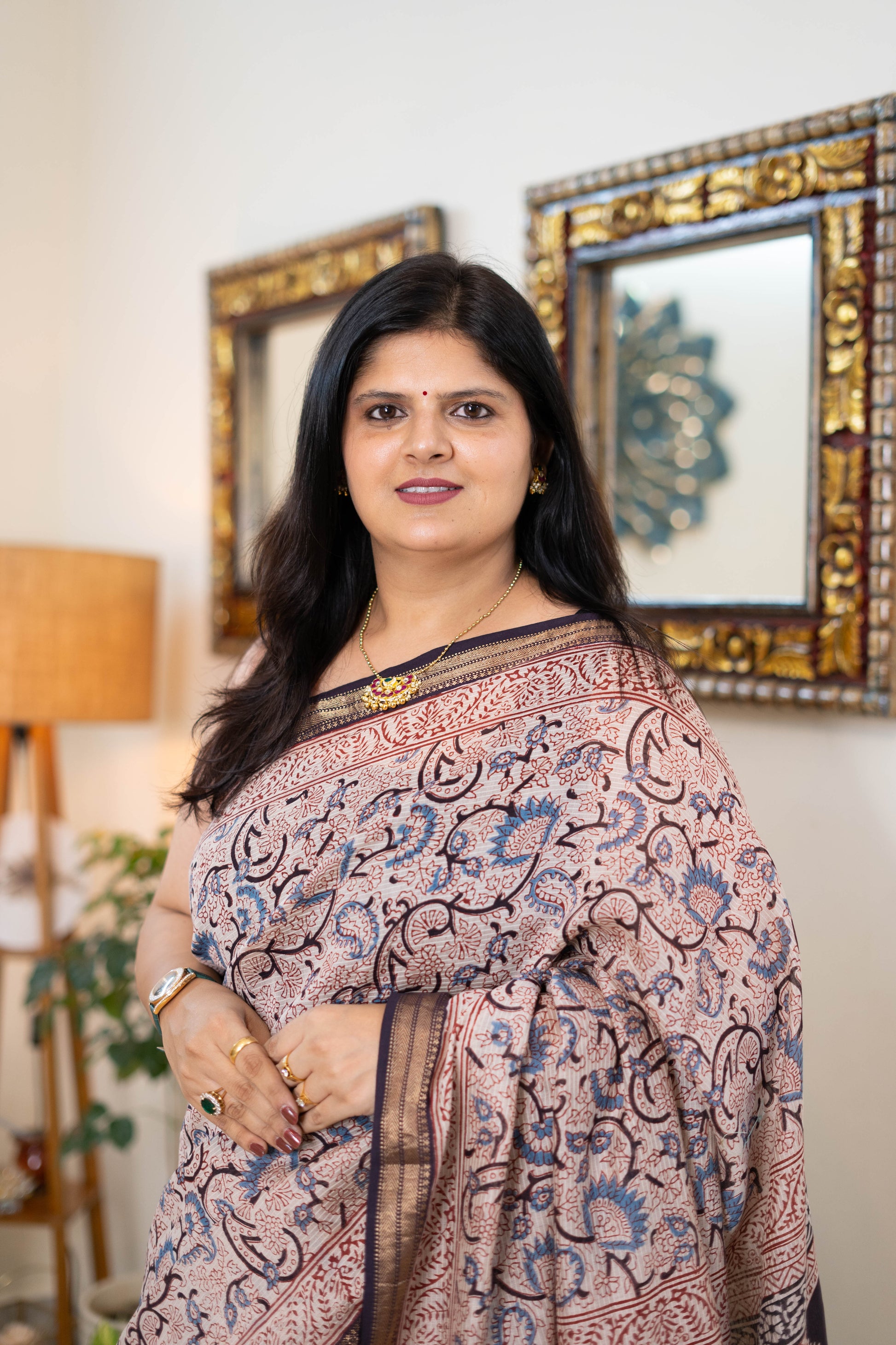 Handwoven Bagh Print Maheshwari Silk Saree in Soft Beige and Indigo