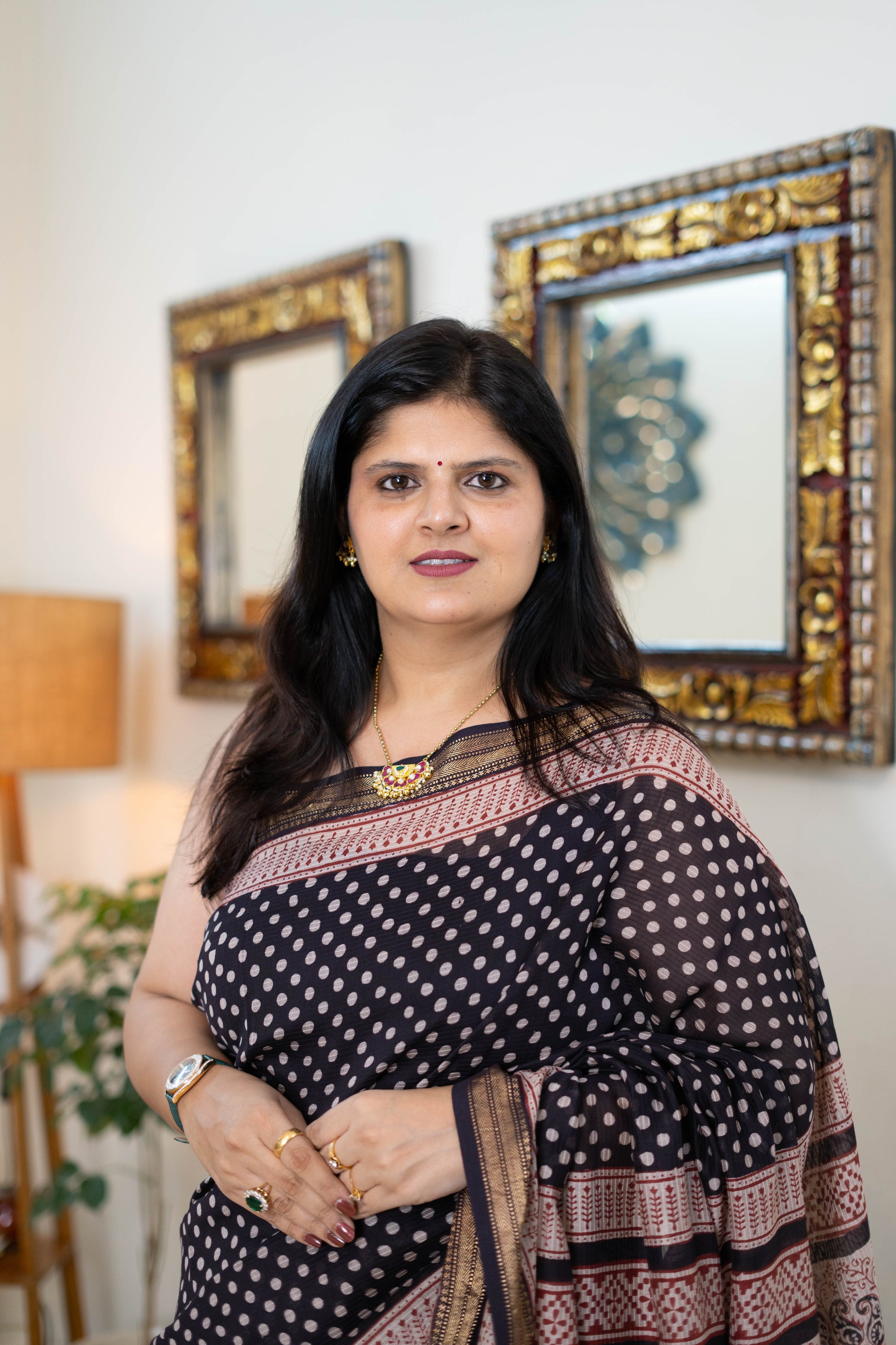 Bagh Print Maheshwari Silk Saree with Polka Dot Detailing