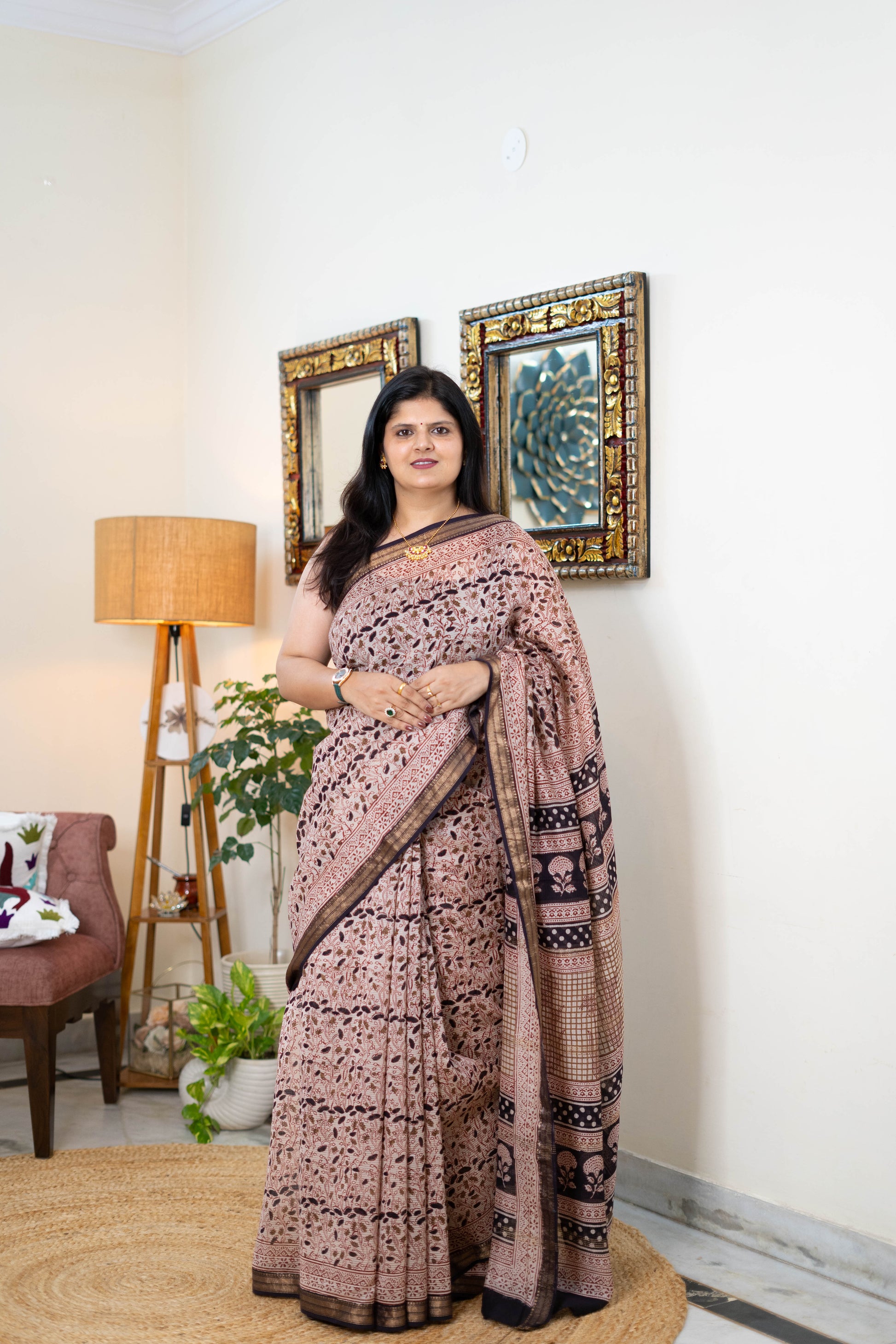 Handcrafted Bagh Print Maheshwari Silk Saree