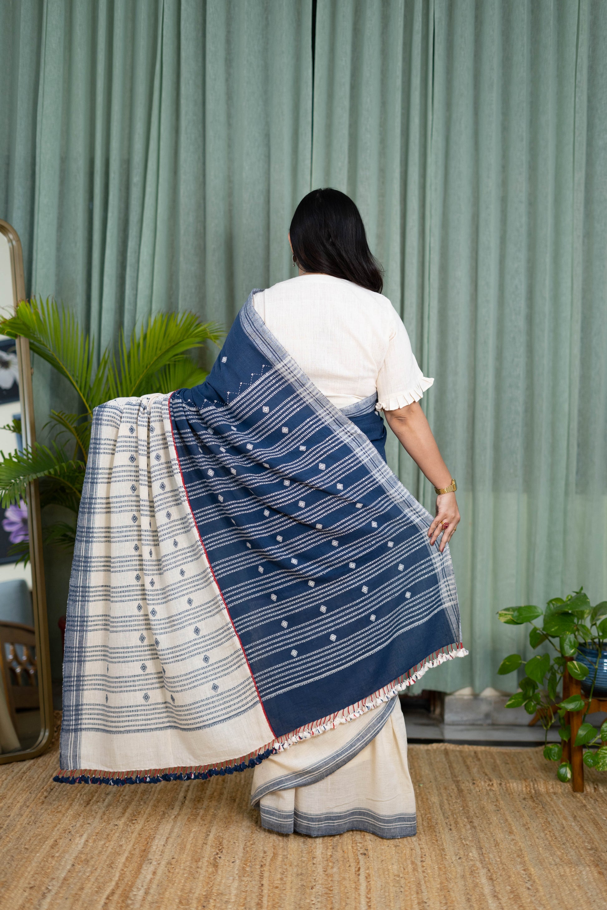 Handwoven Blue and White Kala Cotton Saree with Woven Motifs
