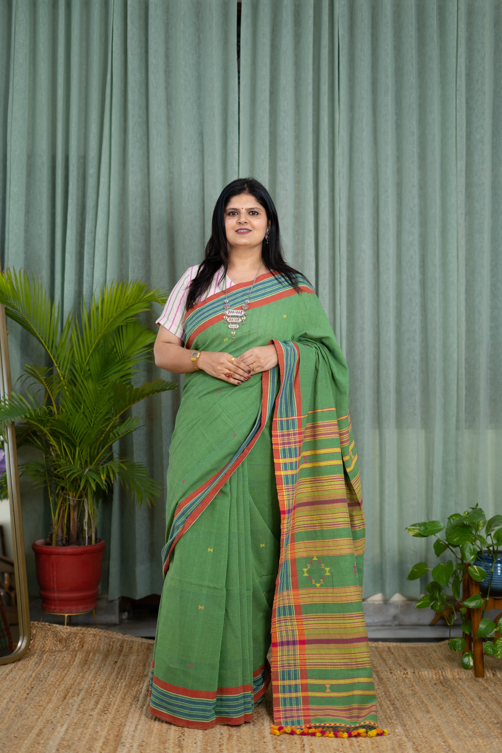 Handwoven Green Kala Cotton Saree with Striped Pallu