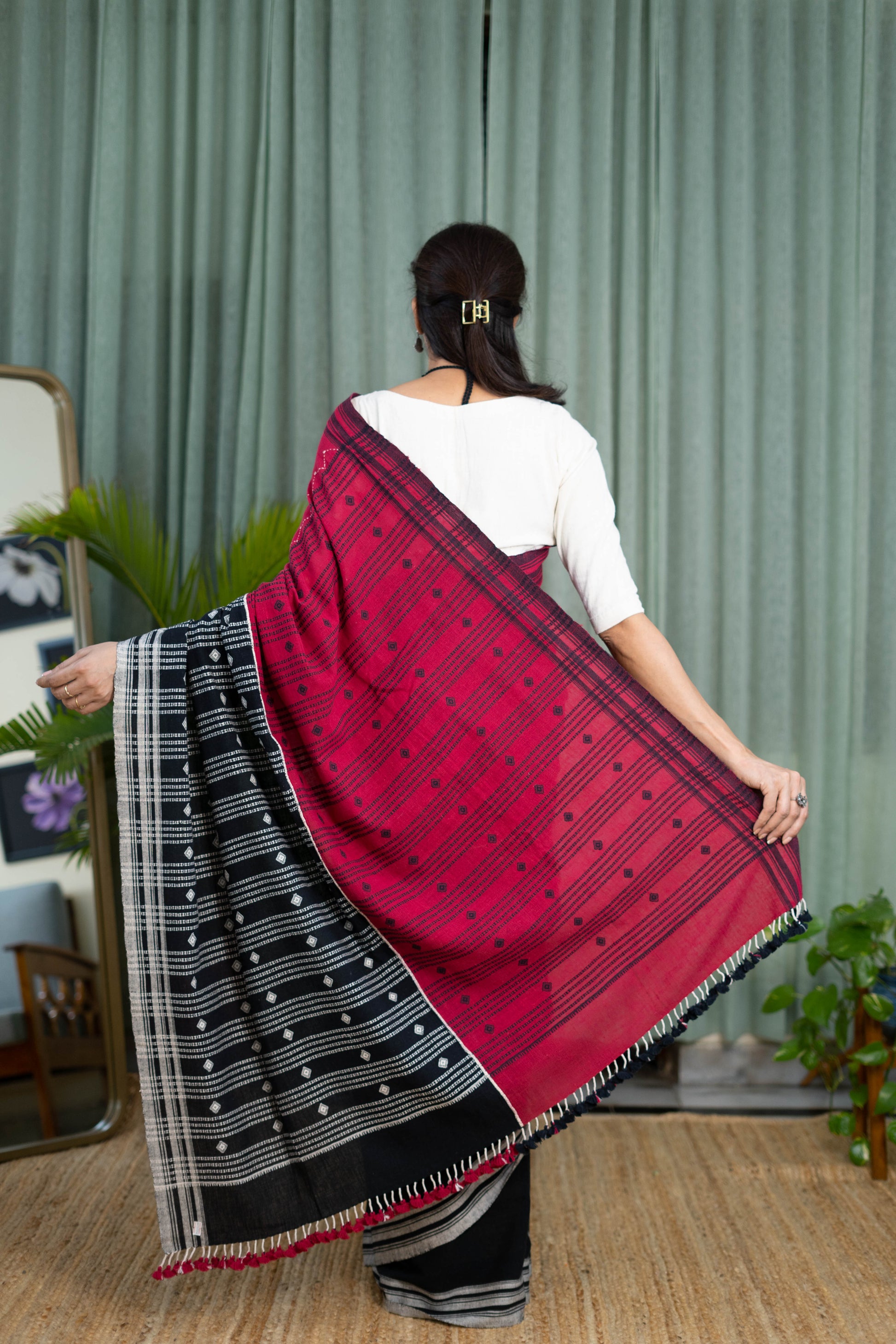 Handwoven Kala Cotton Saree in Black and Red Contrast