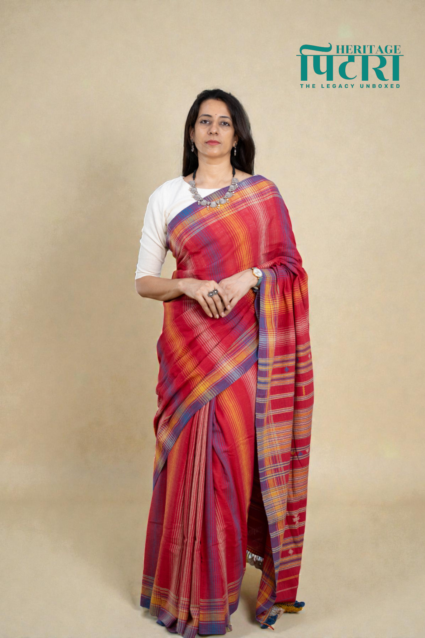 Handwoven Kala Cotton Saree – Red with Multicolor Checks