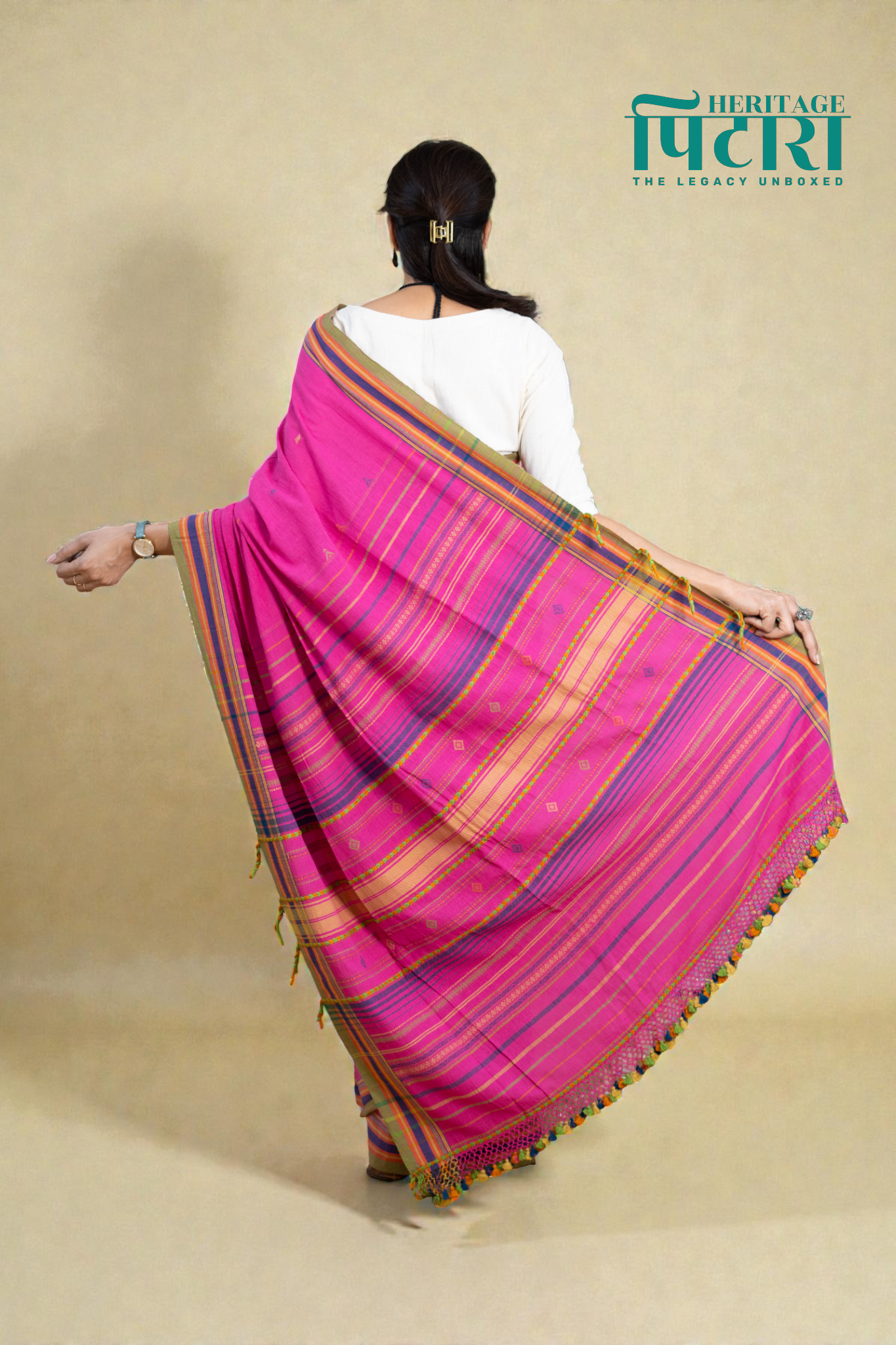 Handwoven Cotton Saree – Rani Pink with Striped Pallu