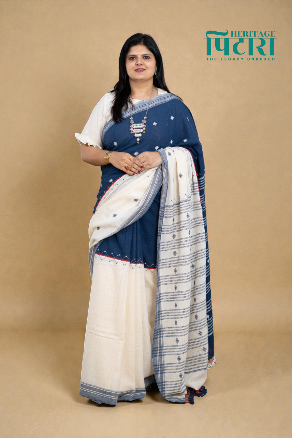 Handwoven Blue and White Kala Cotton Saree with Woven Motifs