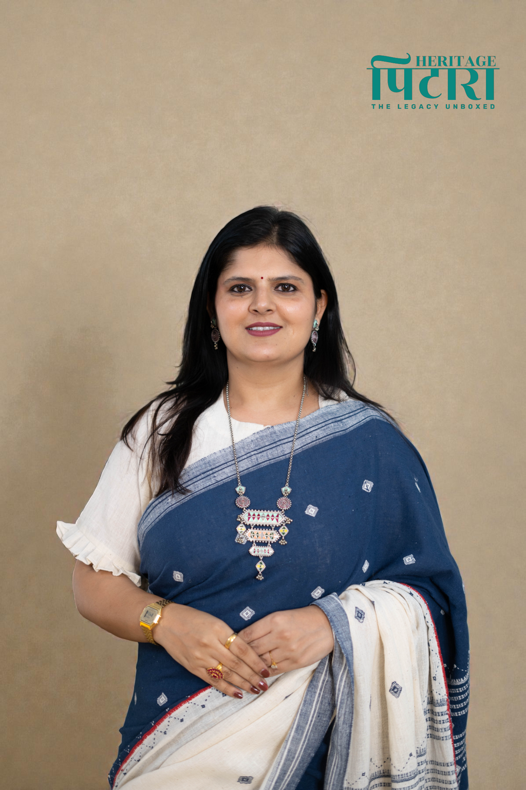 Handwoven Blue and White Kala Cotton Saree with Woven Motifs