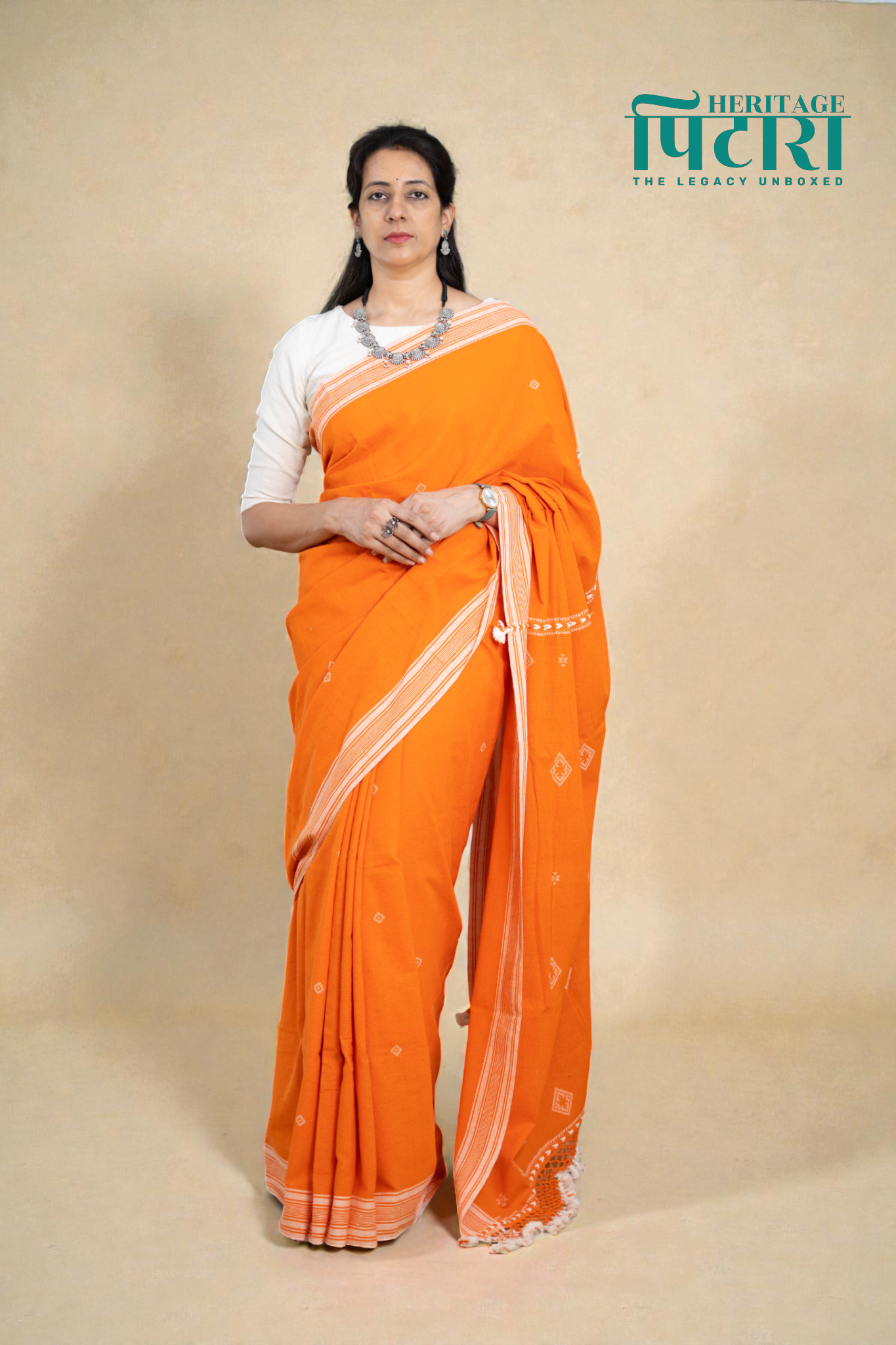 Handwoven Orange Kala Cotton Saree with White Borders