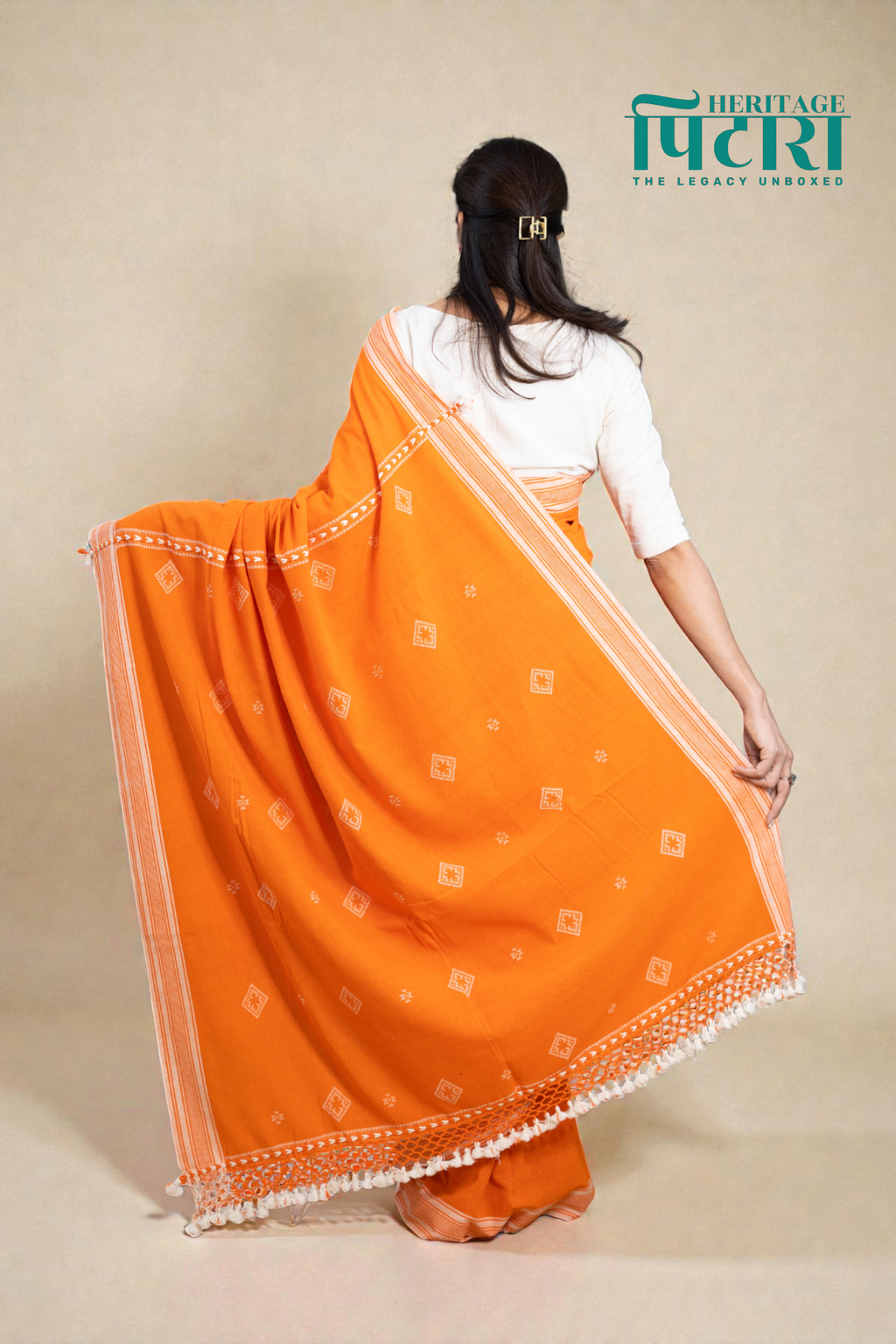 Handwoven Orange Kala Cotton Saree with White Borders