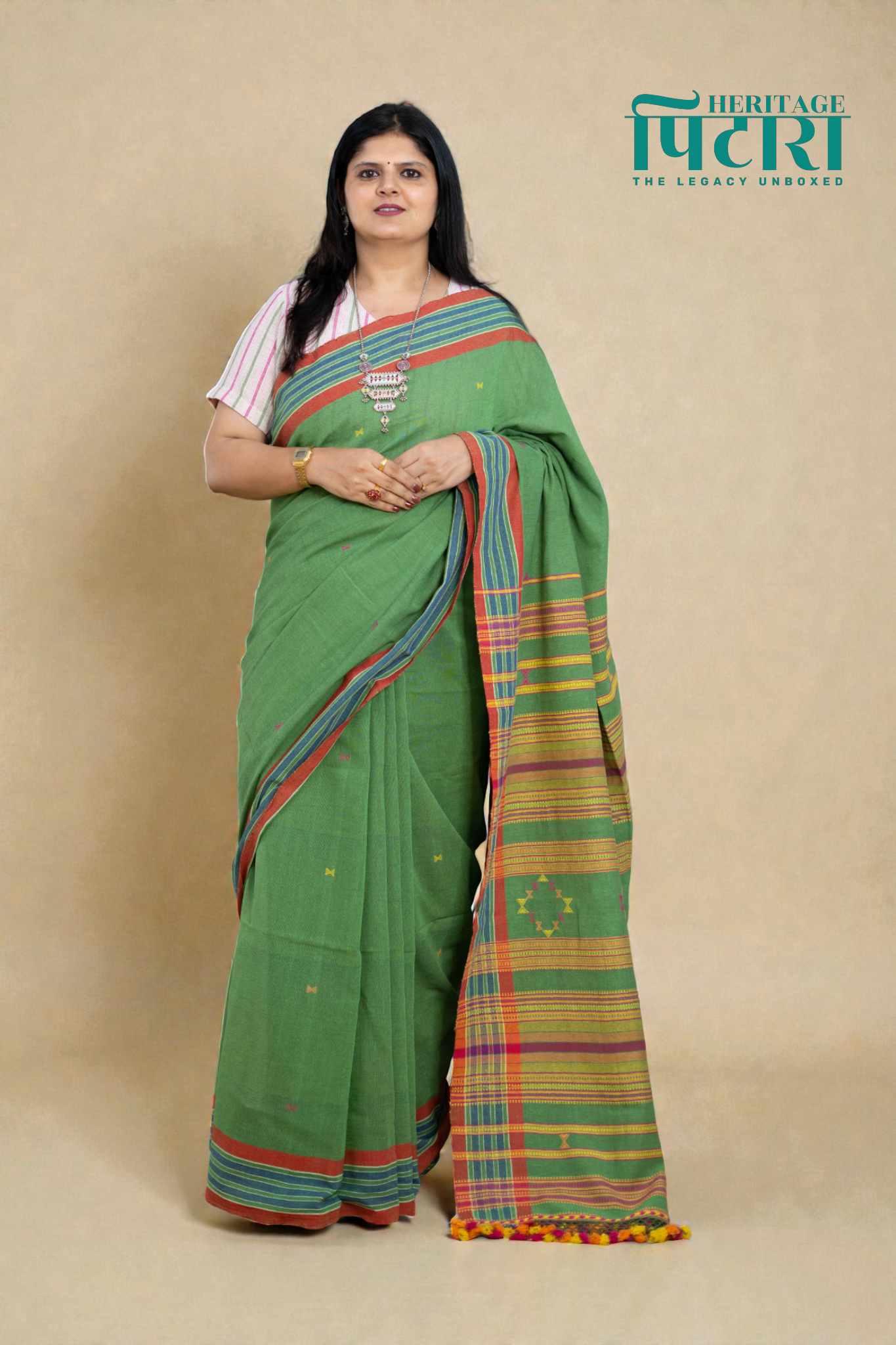 Handwoven Green Kala Cotton Saree with Striped Pallu