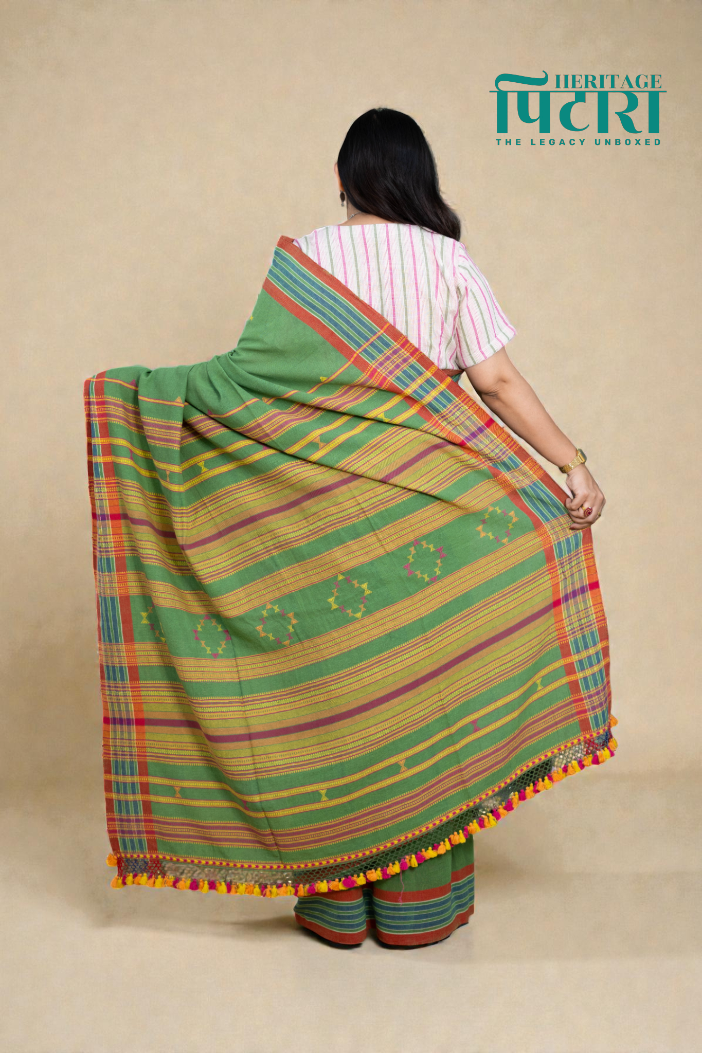 Handwoven Green Kala Cotton Saree with Striped Pallu