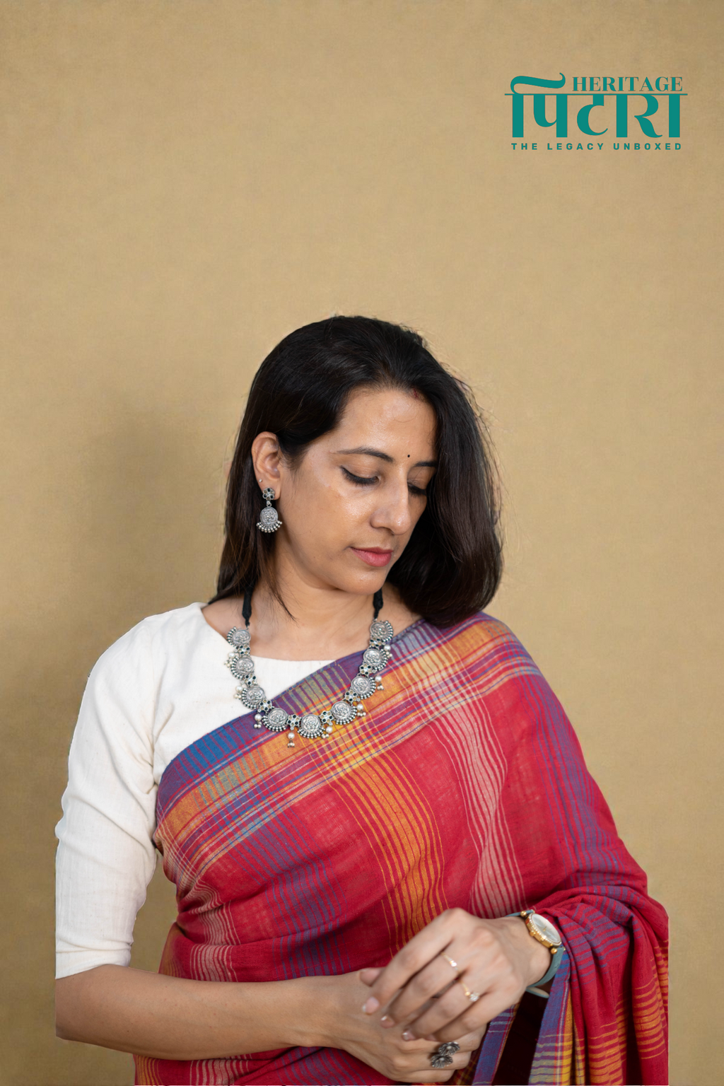 Handwoven Kala Cotton Saree – Red with Multicolor Checks