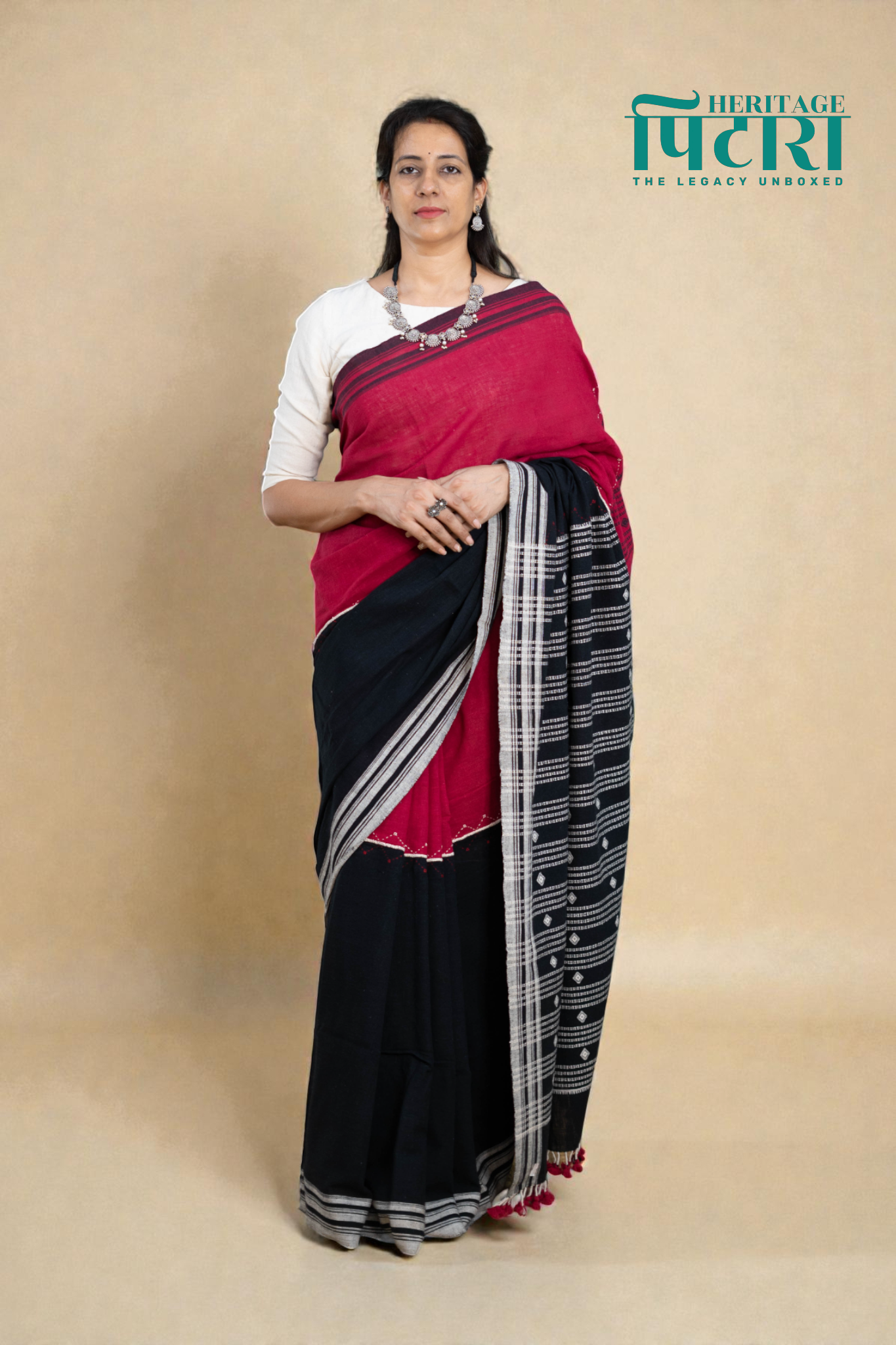 Handwoven Kala Cotton Saree in Black and Red Contrast