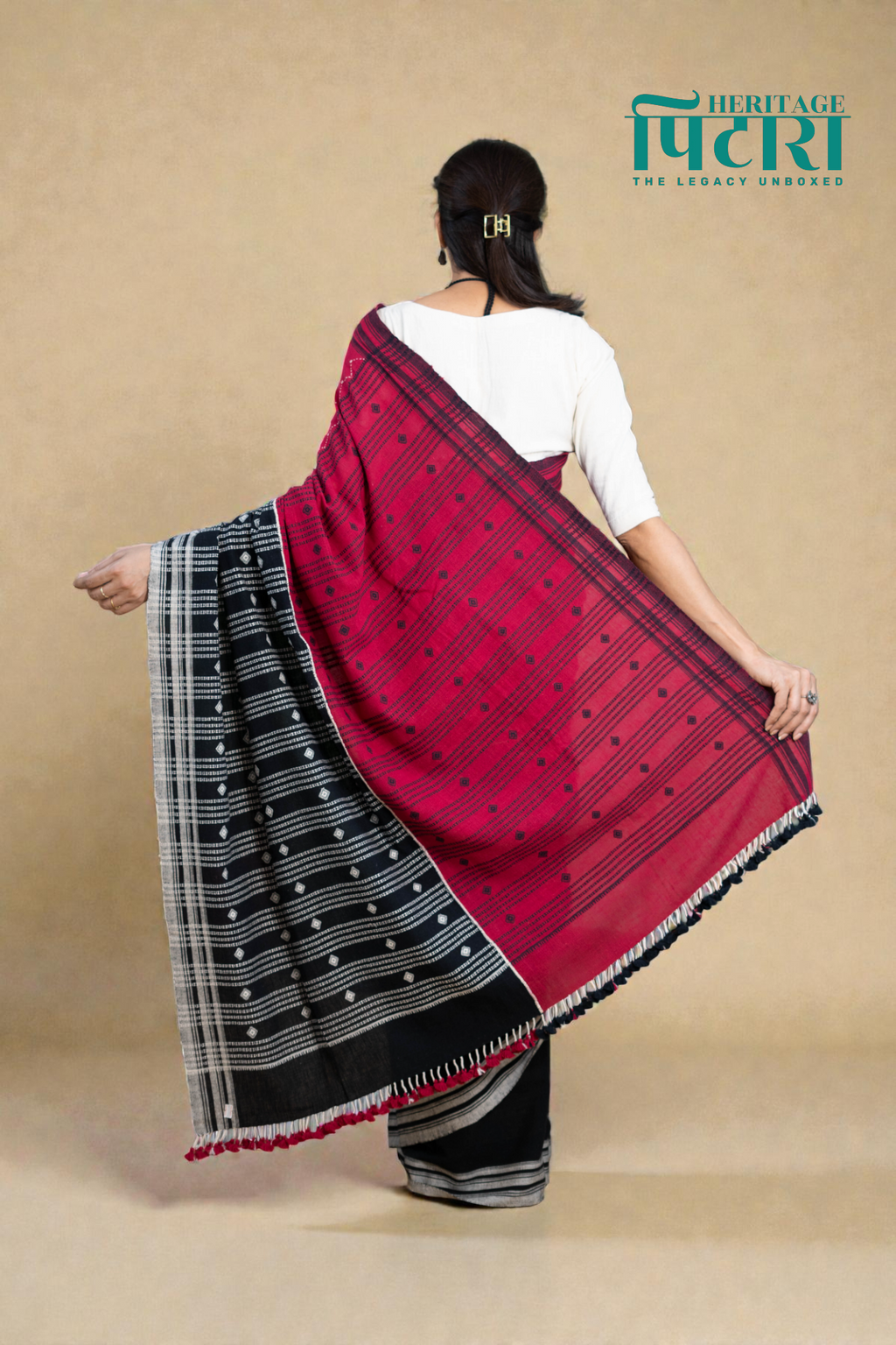 Handwoven Kala Cotton Saree in Black and Red Contrast