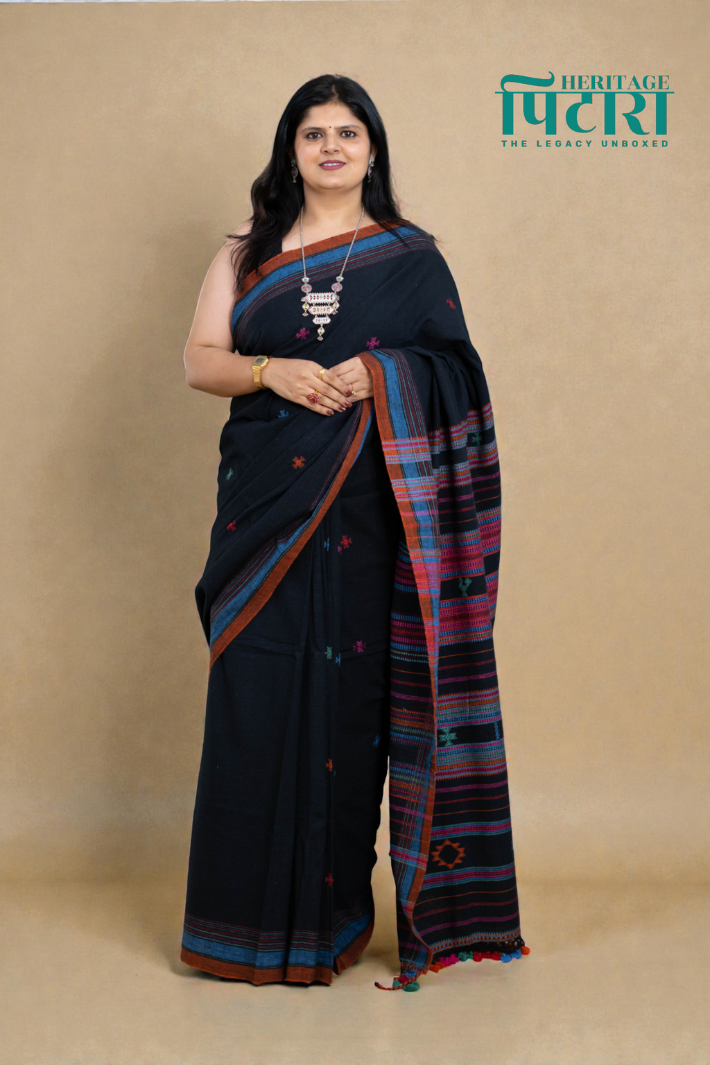 Handwoven Black Kala Cotton Saree with Multicolor Accents