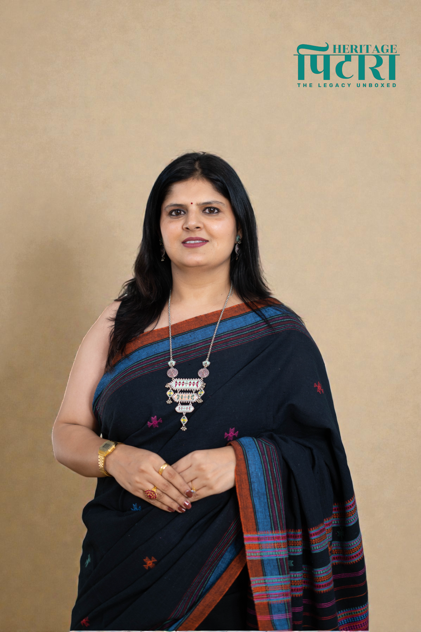 Handwoven Black Kala Cotton Saree with Multicolor Accents