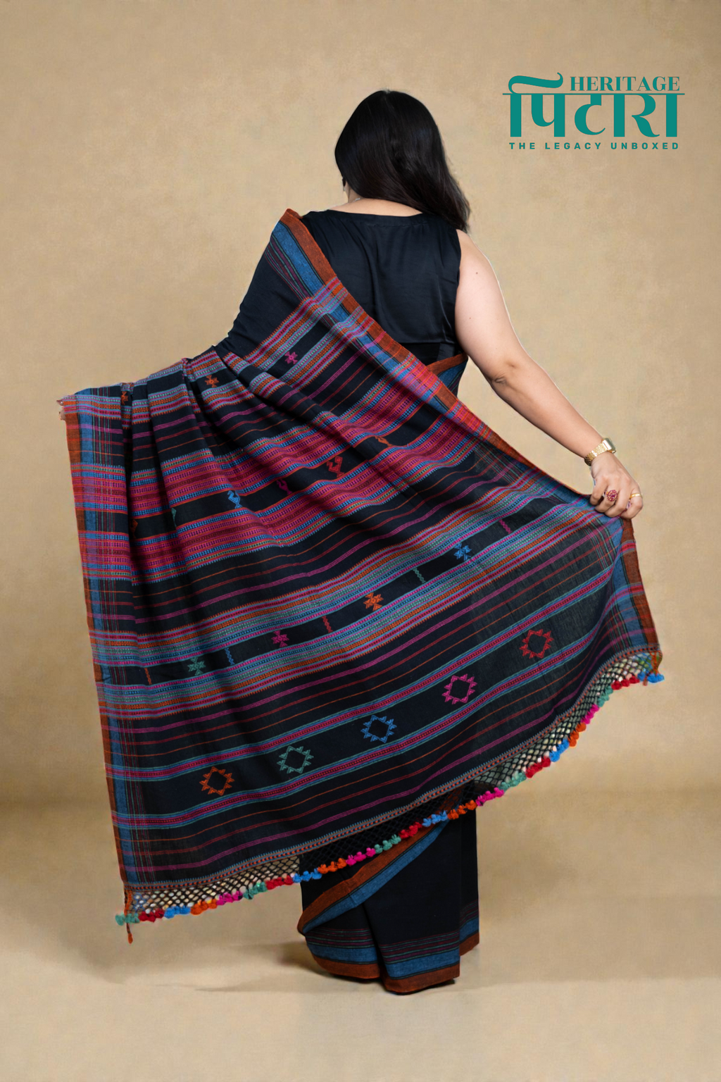 Handwoven Black Kala Cotton Saree with Multicolor Accents