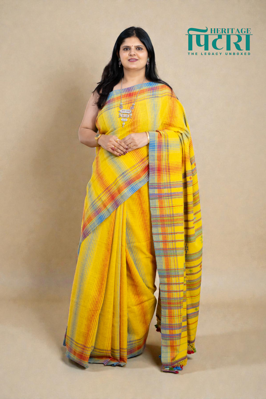 Handwoven Yellow Kala Cotton Saree with Multicolor Checks